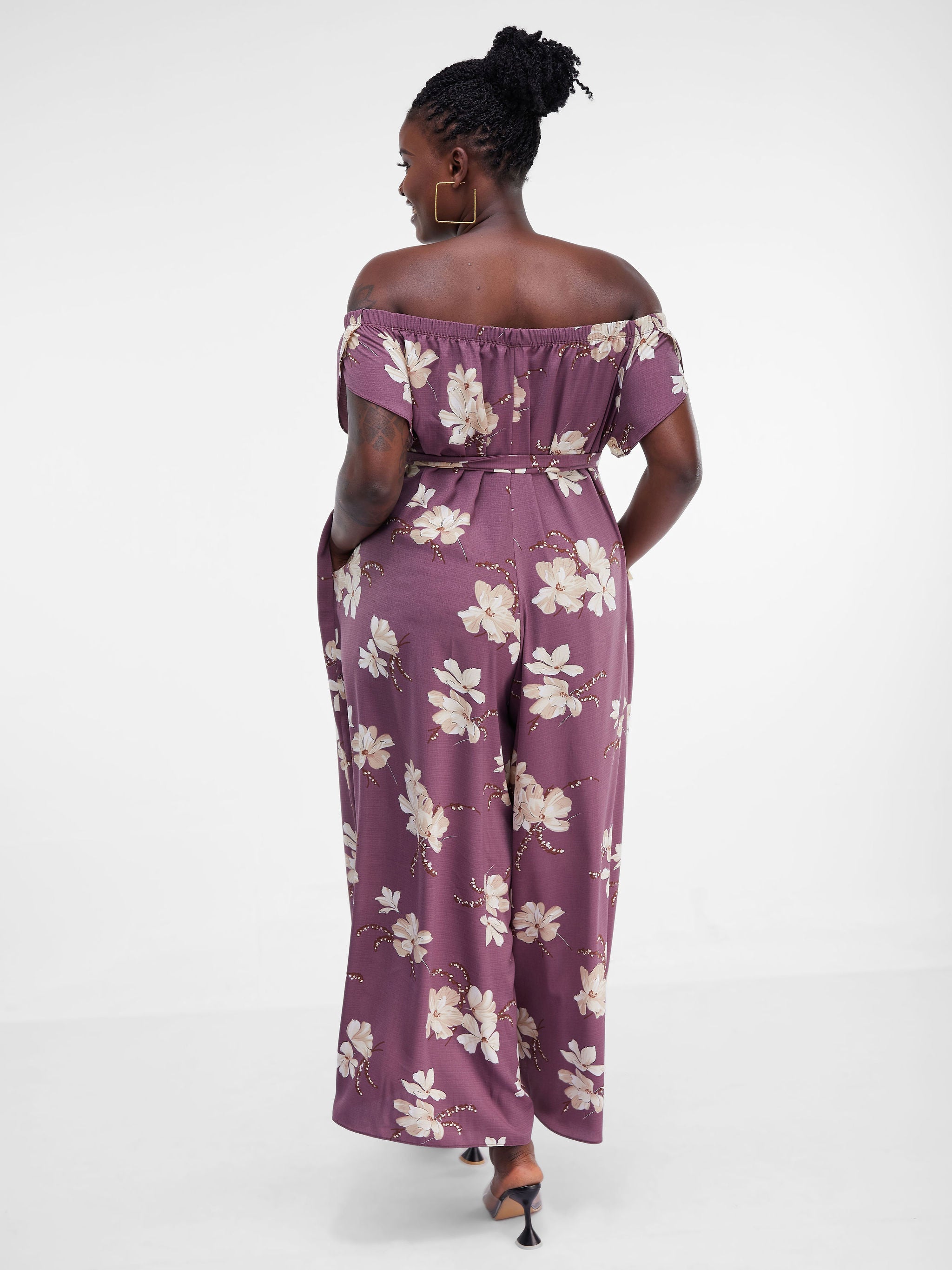 Vivo Dalia Off Shoulder Jumpsuit - Burgundy Floral Print