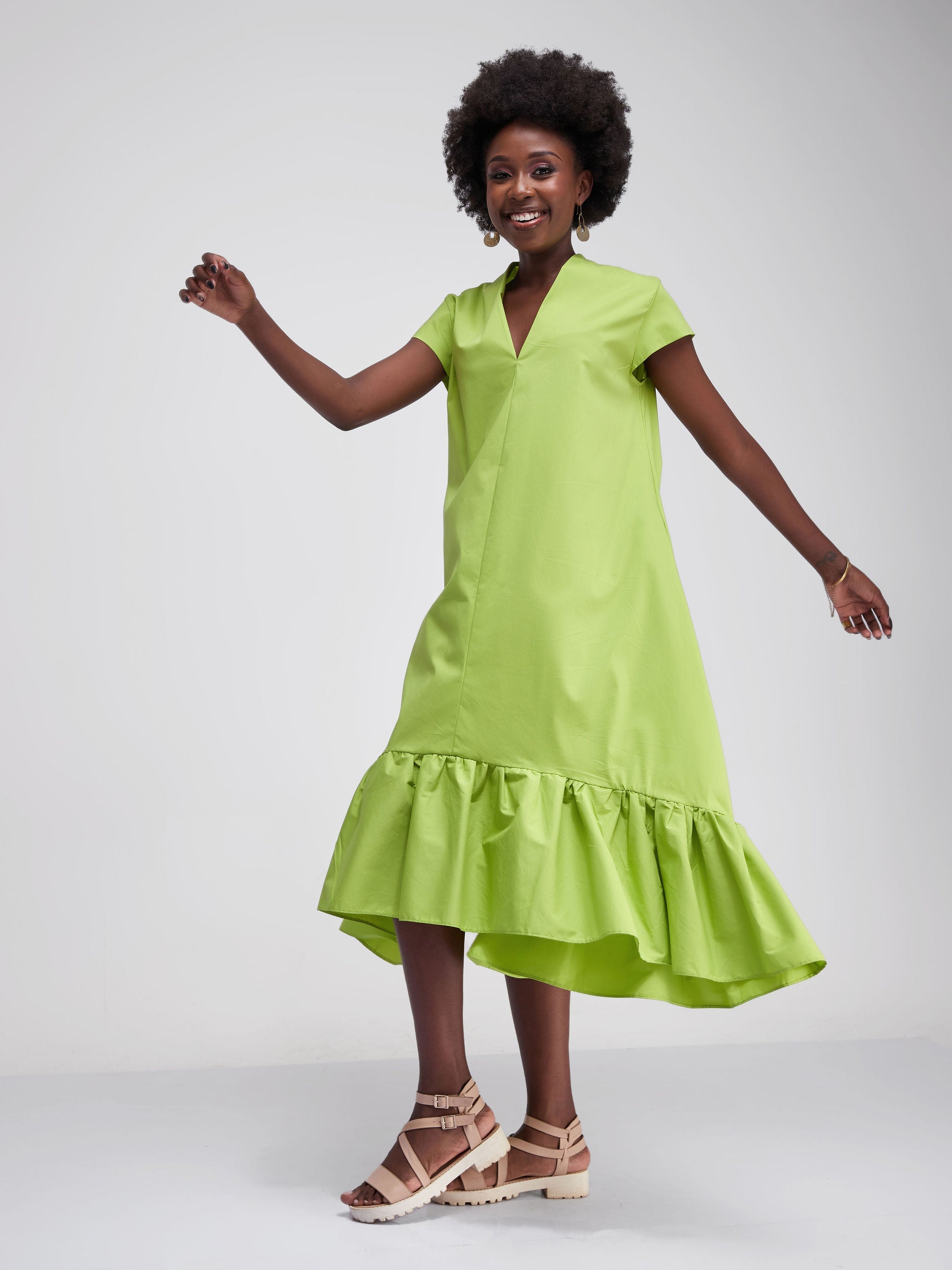 Safari Huru Cap Sleeved Hi - Low Dress - Lime Green