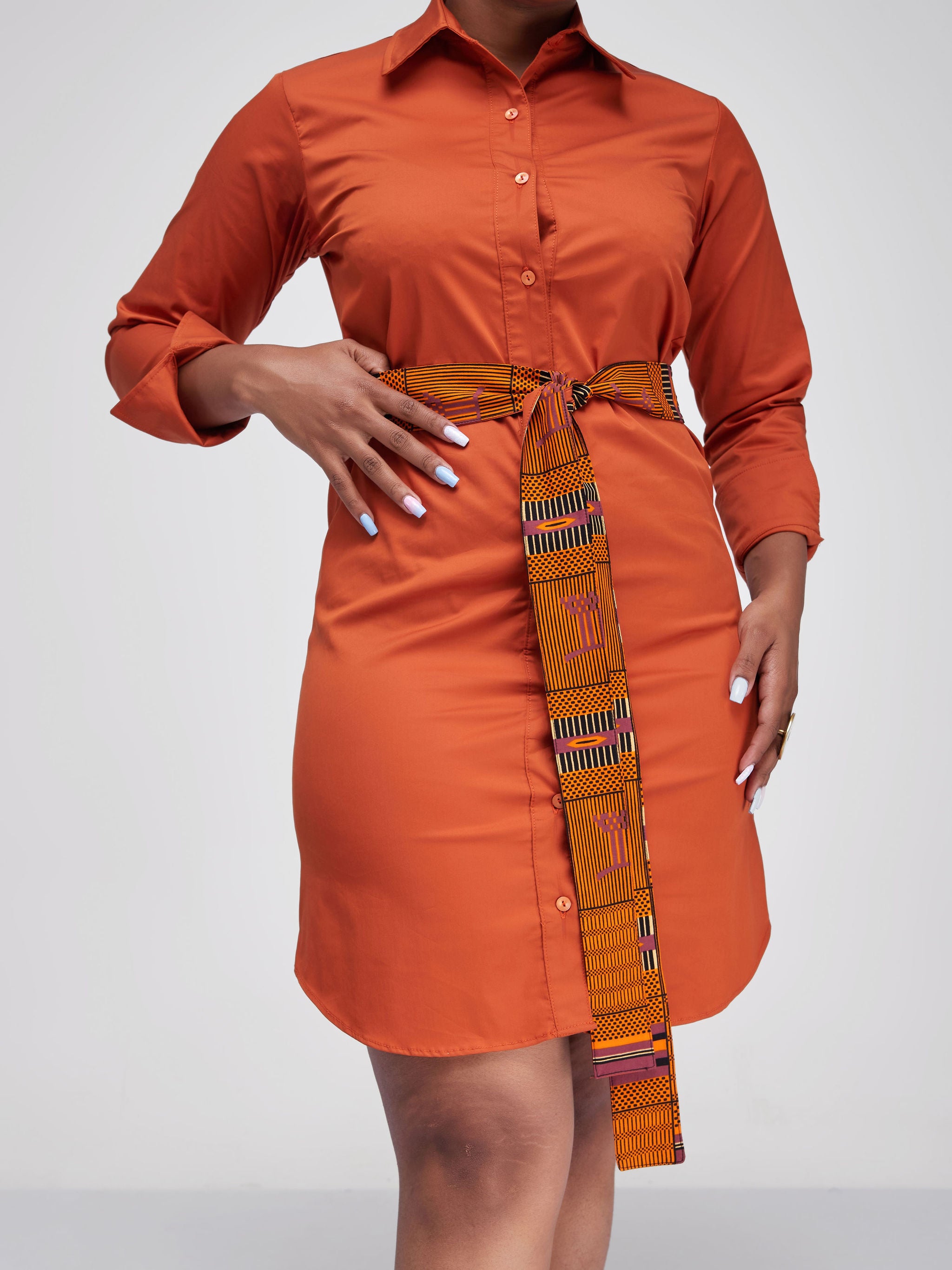 Safari Tawi A-Line Long Sleeve Shirt Dress - Rust