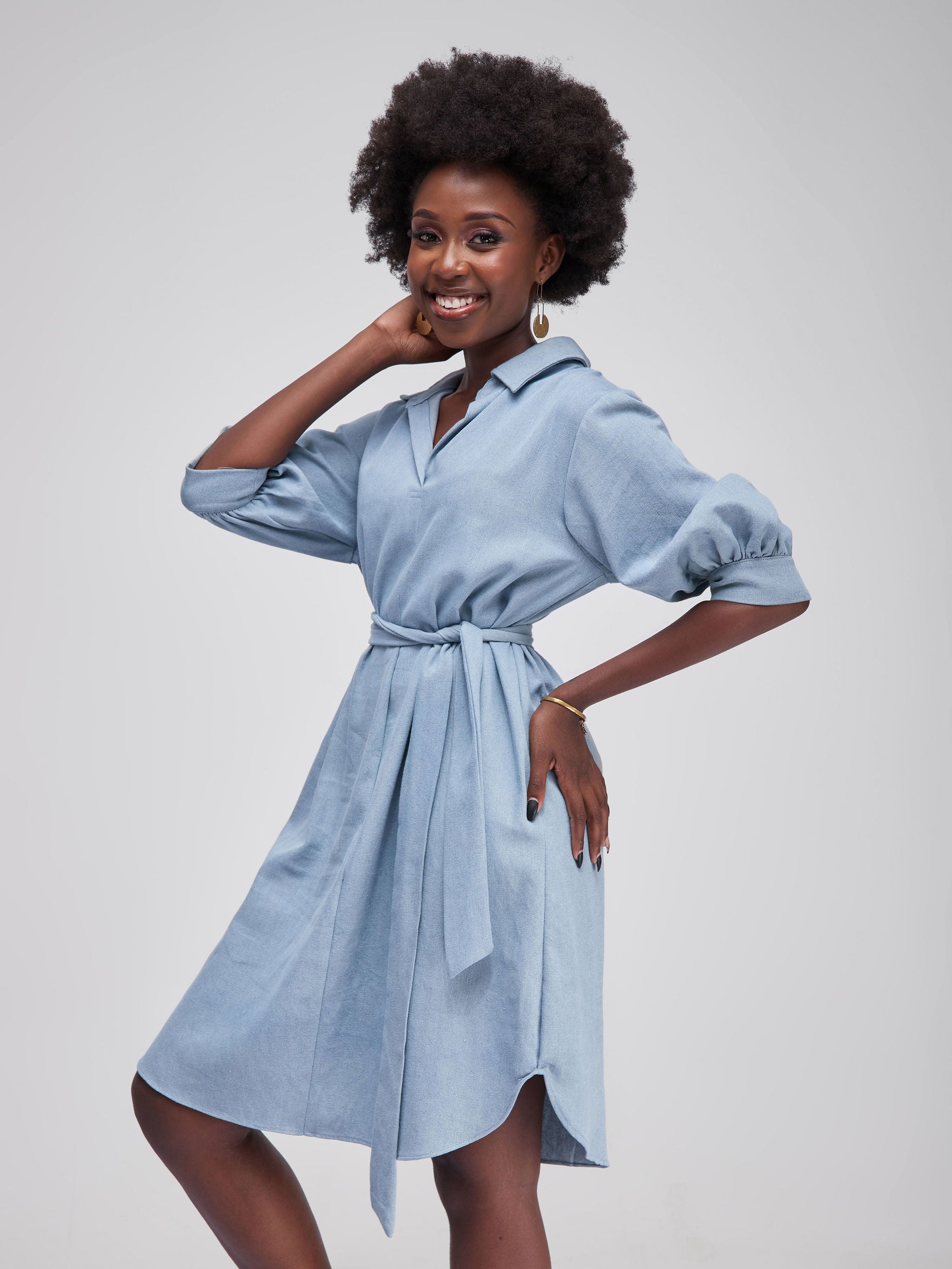 Safari Tawi  Denim Shirt Dress - Light Blue