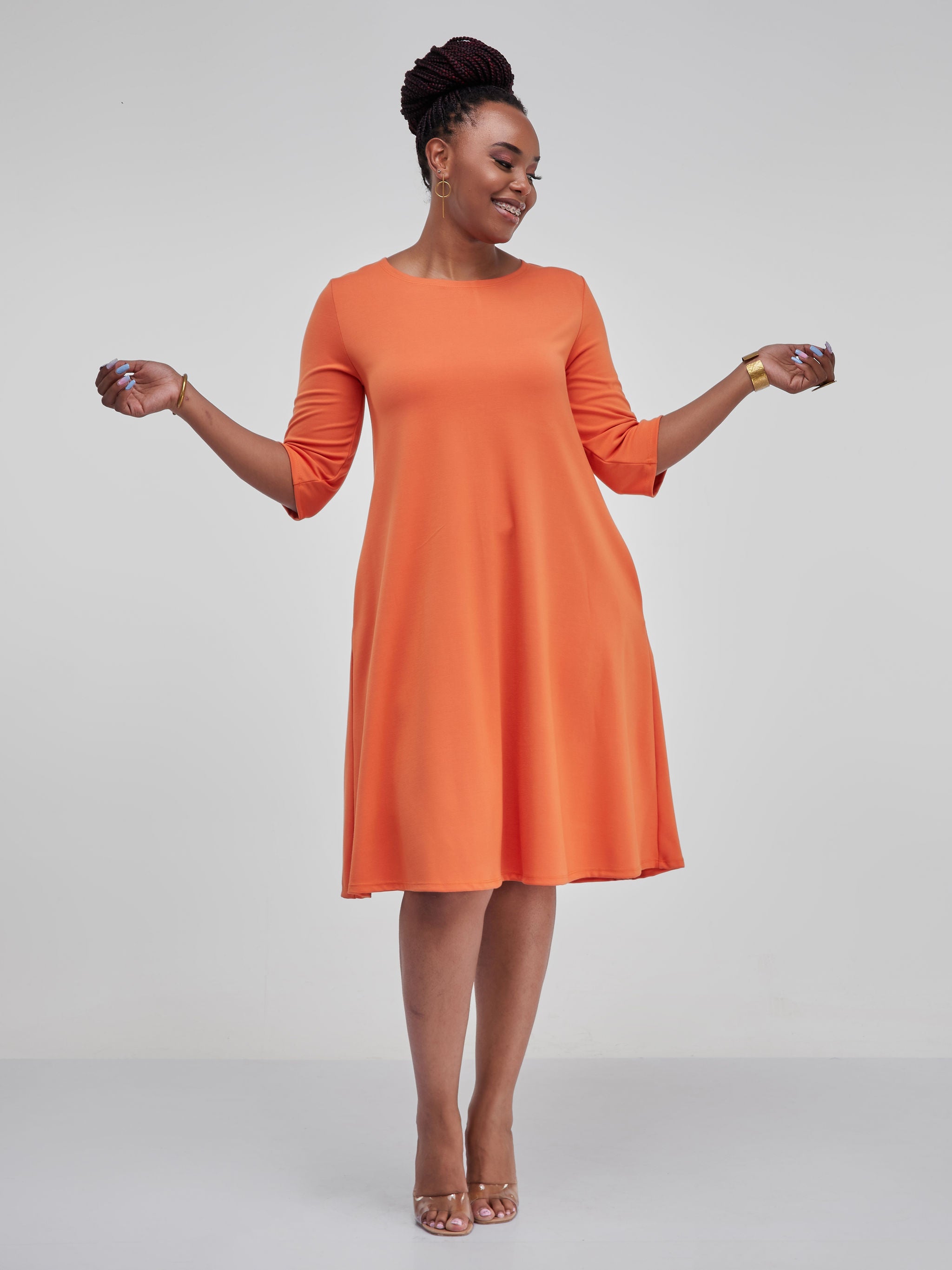 Vivo Basic 3/4 Sleeve Kena Tent Knee Length Dress - Peach