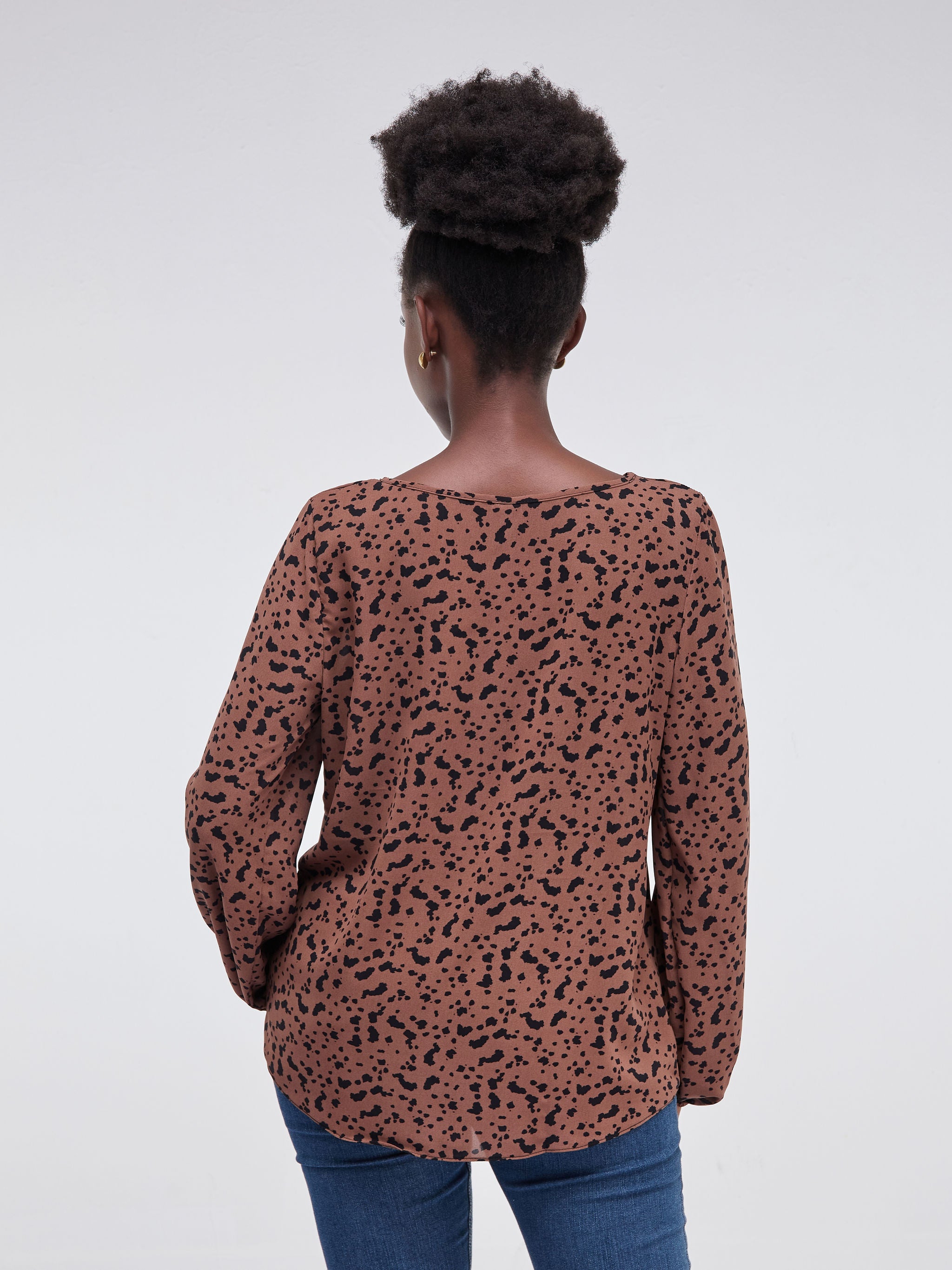 Safari Basic Bishop Sleeved Crepe Top - Brown / Black Print