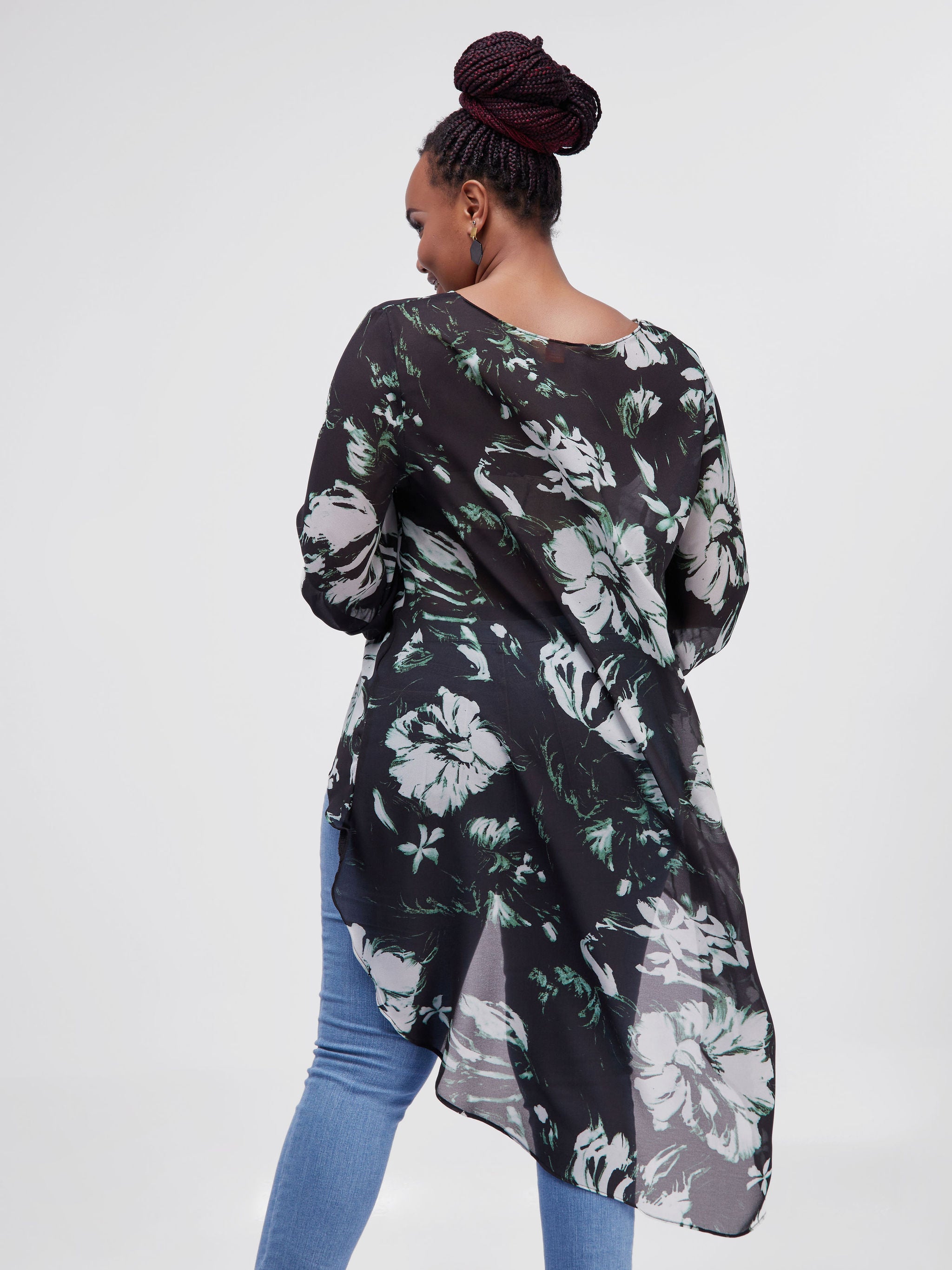 Vivo Basic Nalia High-low Chiffon Topp - Black / Green Floral Print