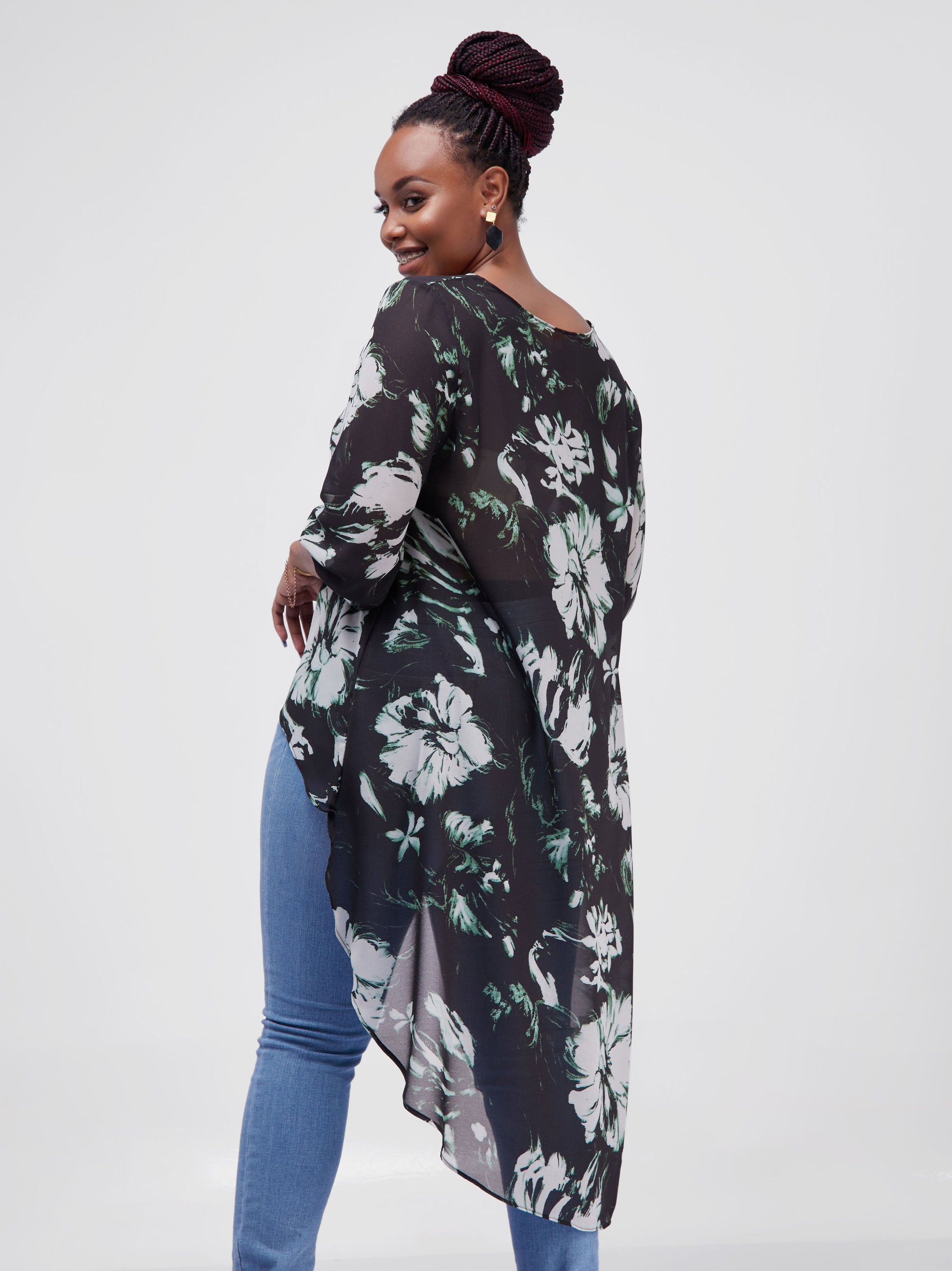 Vivo Basic Nalia High-low Chiffon Topp - Black / Green Floral Print