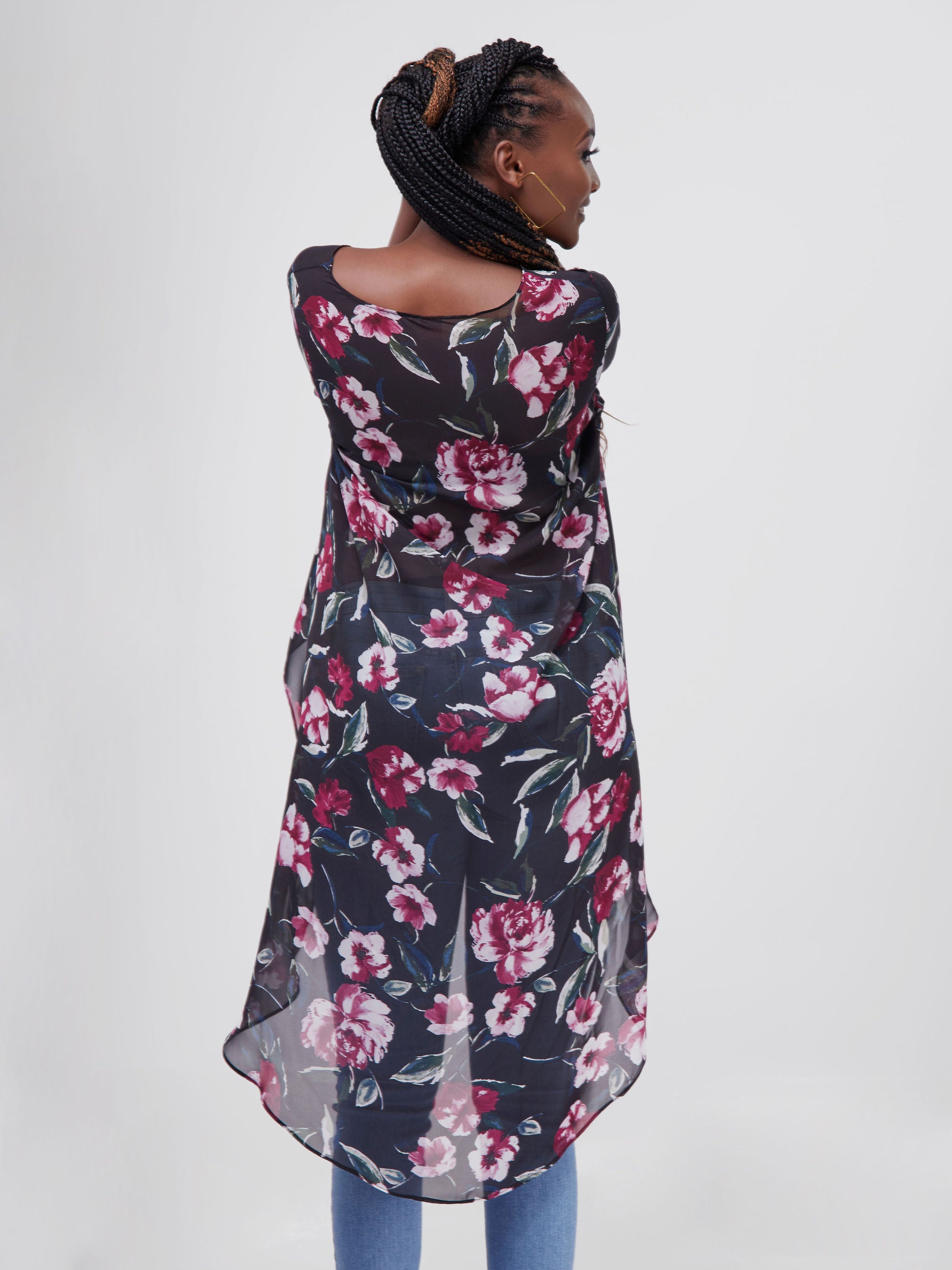 Vivo Basic Nalia High Low Top - Black / Purple Floral Print