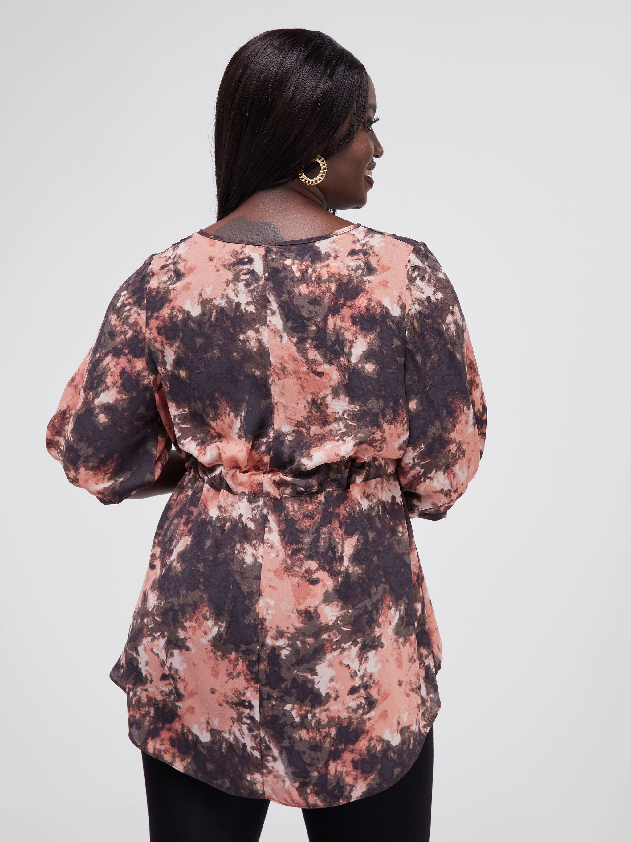 Vivo Basic Drawstring High Low Top - Orange / Black Print