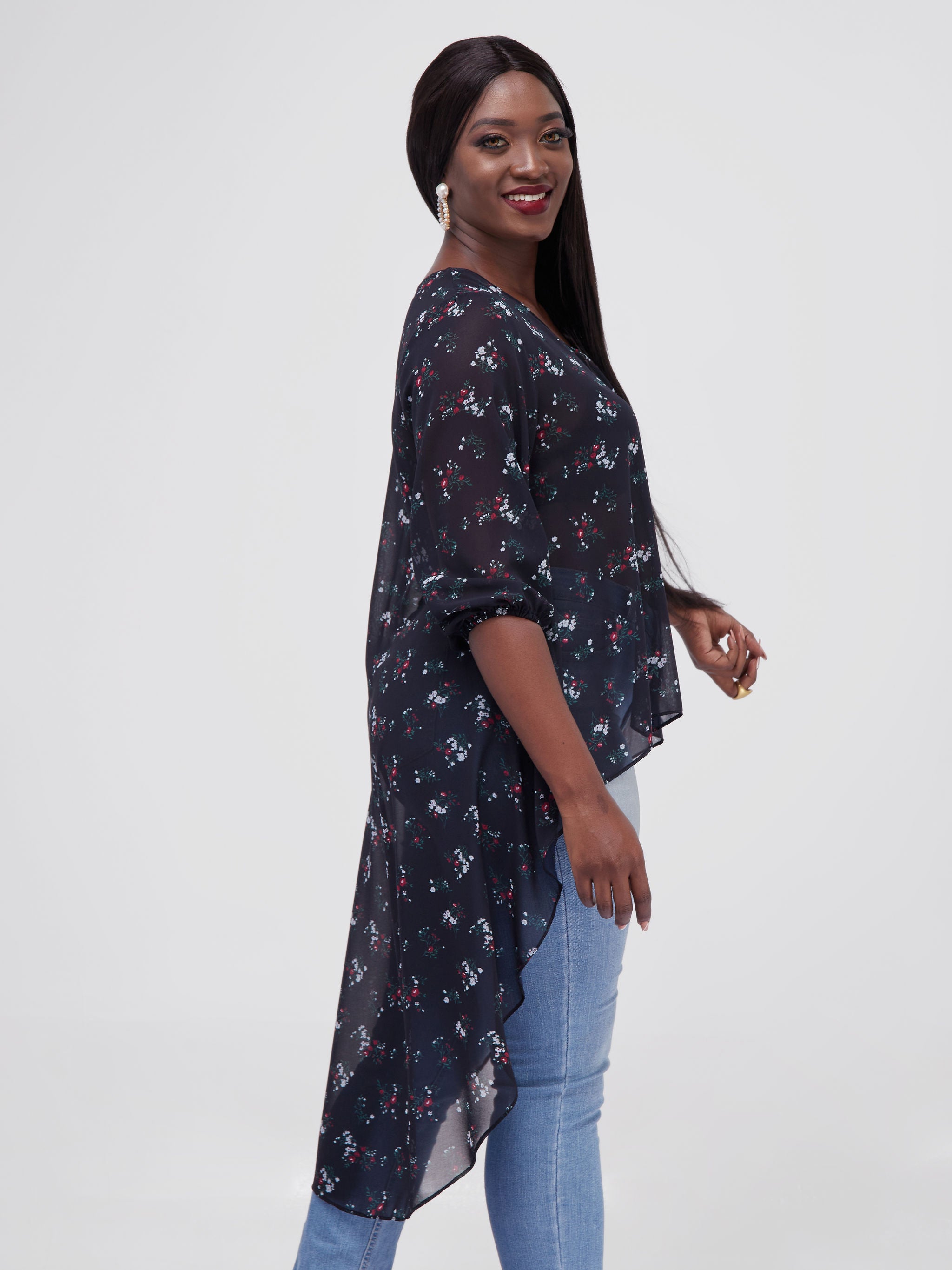 Vivo Basic Nalia High-low Chiffon Top - Navy Blue / Red Paisley Floral Print