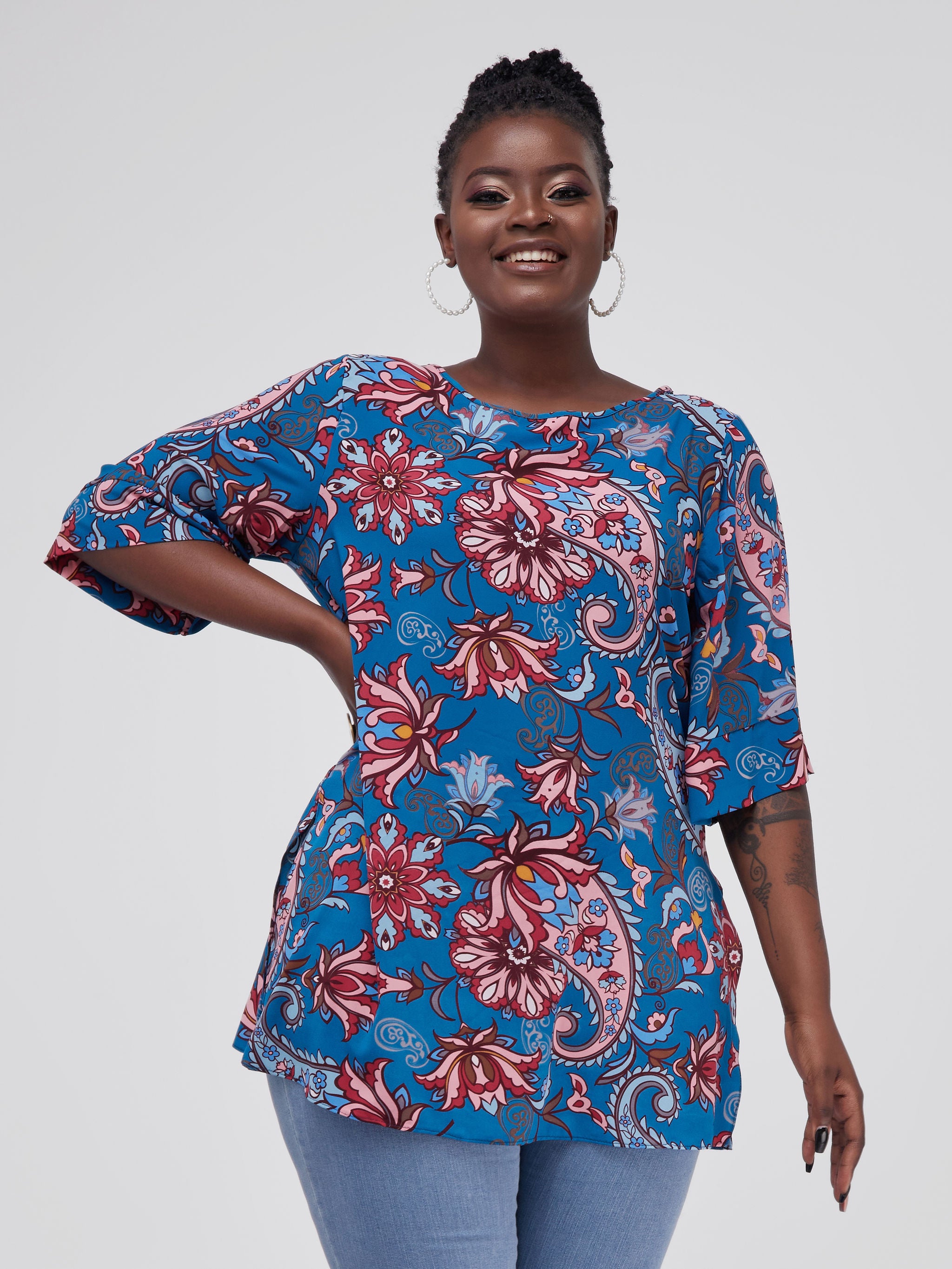 Safari Maisha Tunic Top - Blue Floral Print