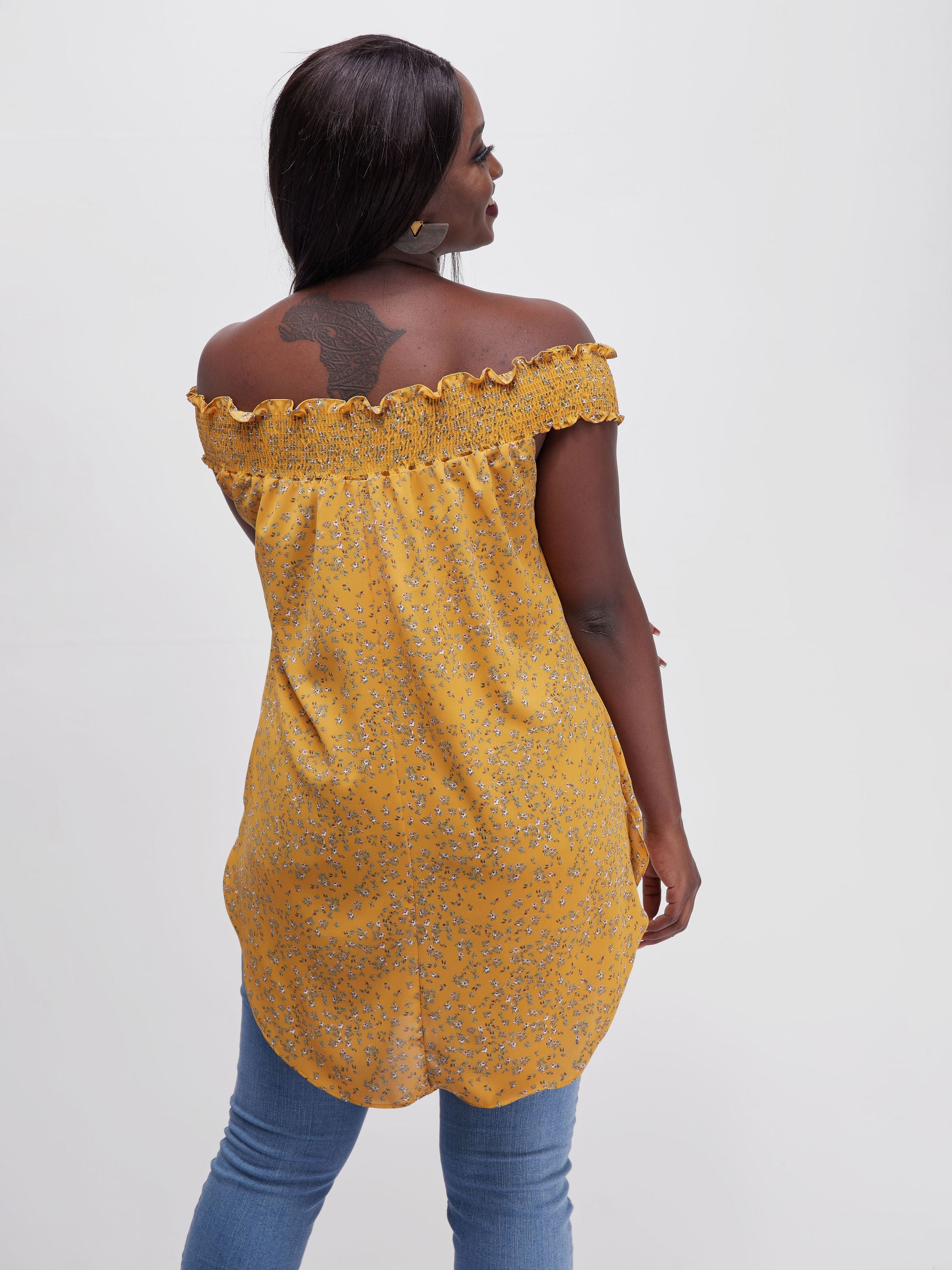 Vivo Alek Off-Shoulder Scalloped Hem Top - Rust / Hunters Green Leaf Print