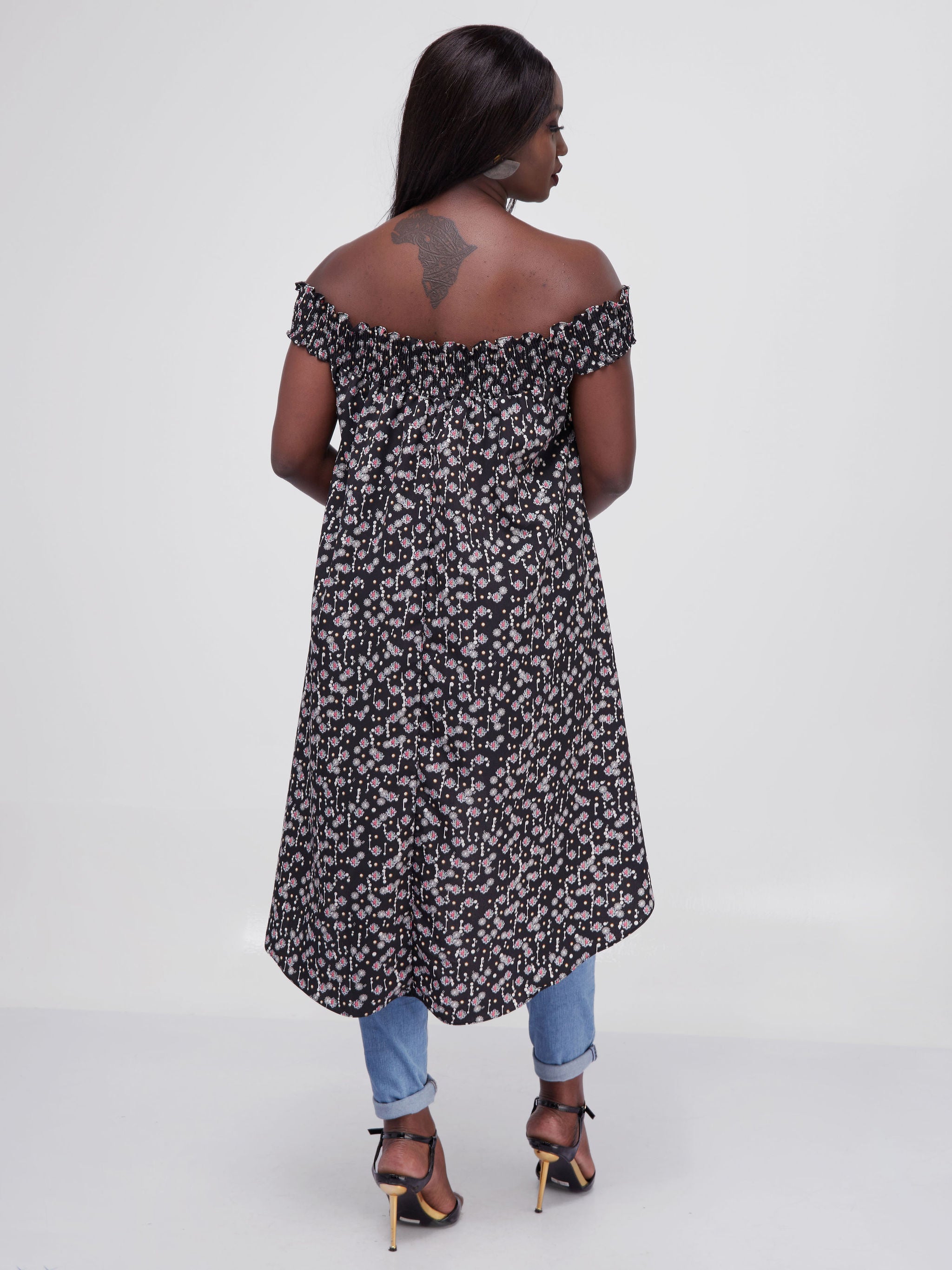 Vivo Alek Off Shoulder High-Low Top - Black Print