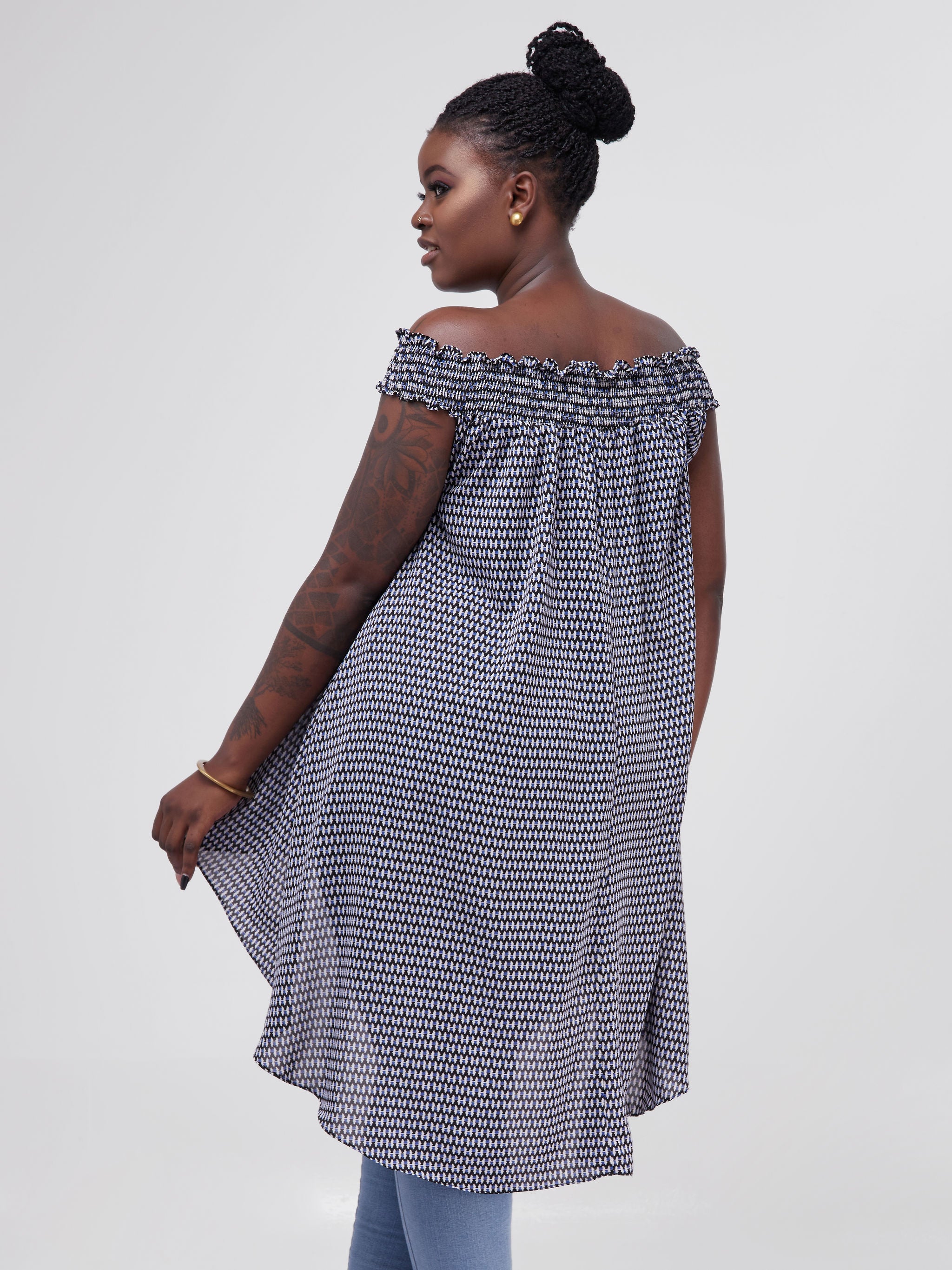 Vivo Alek Off Shoulder High-Low Top - Black /  Blue Print