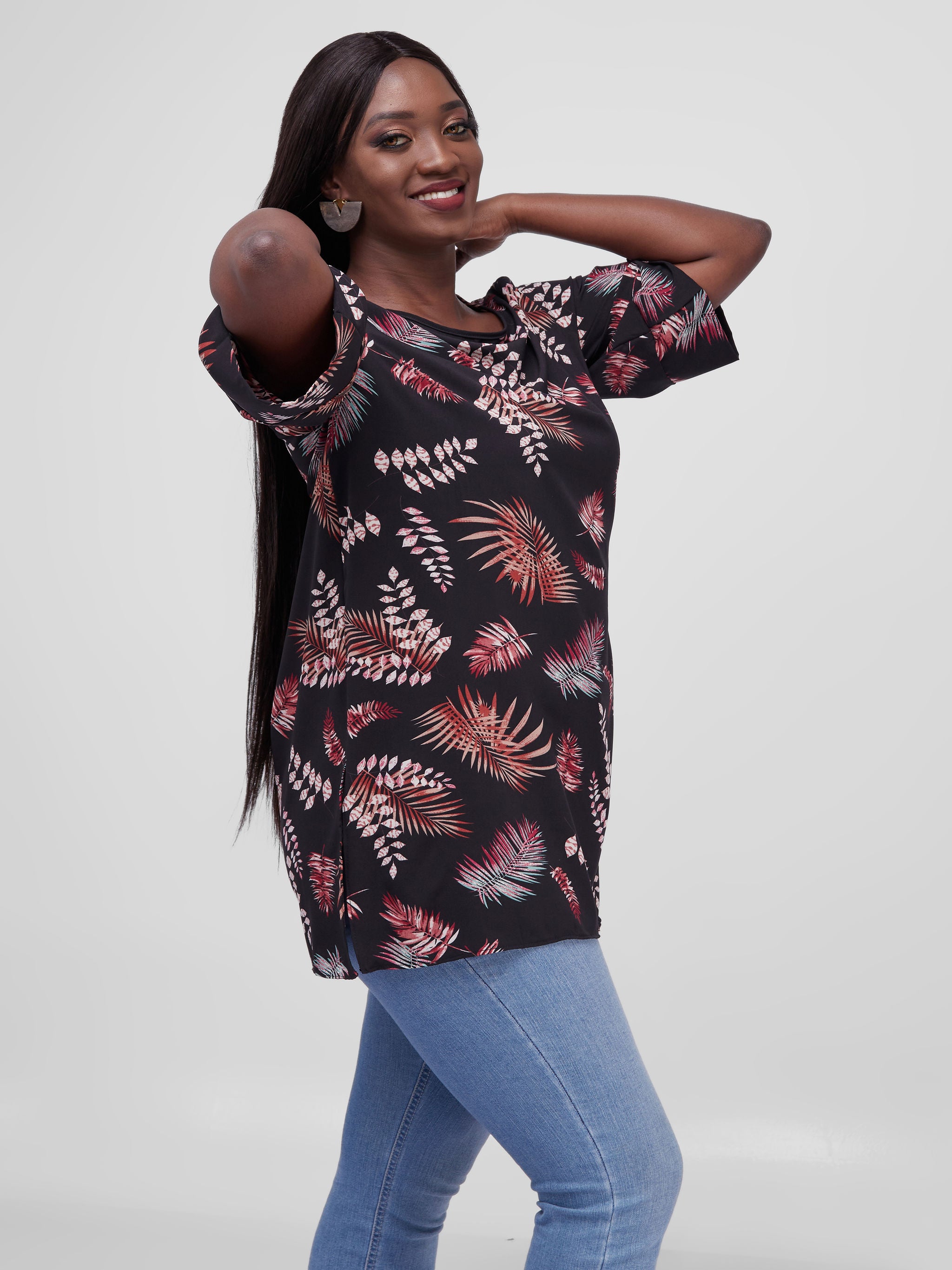 Safari Maisha Tunic Top - Black / Maroon Palm leaf Print
