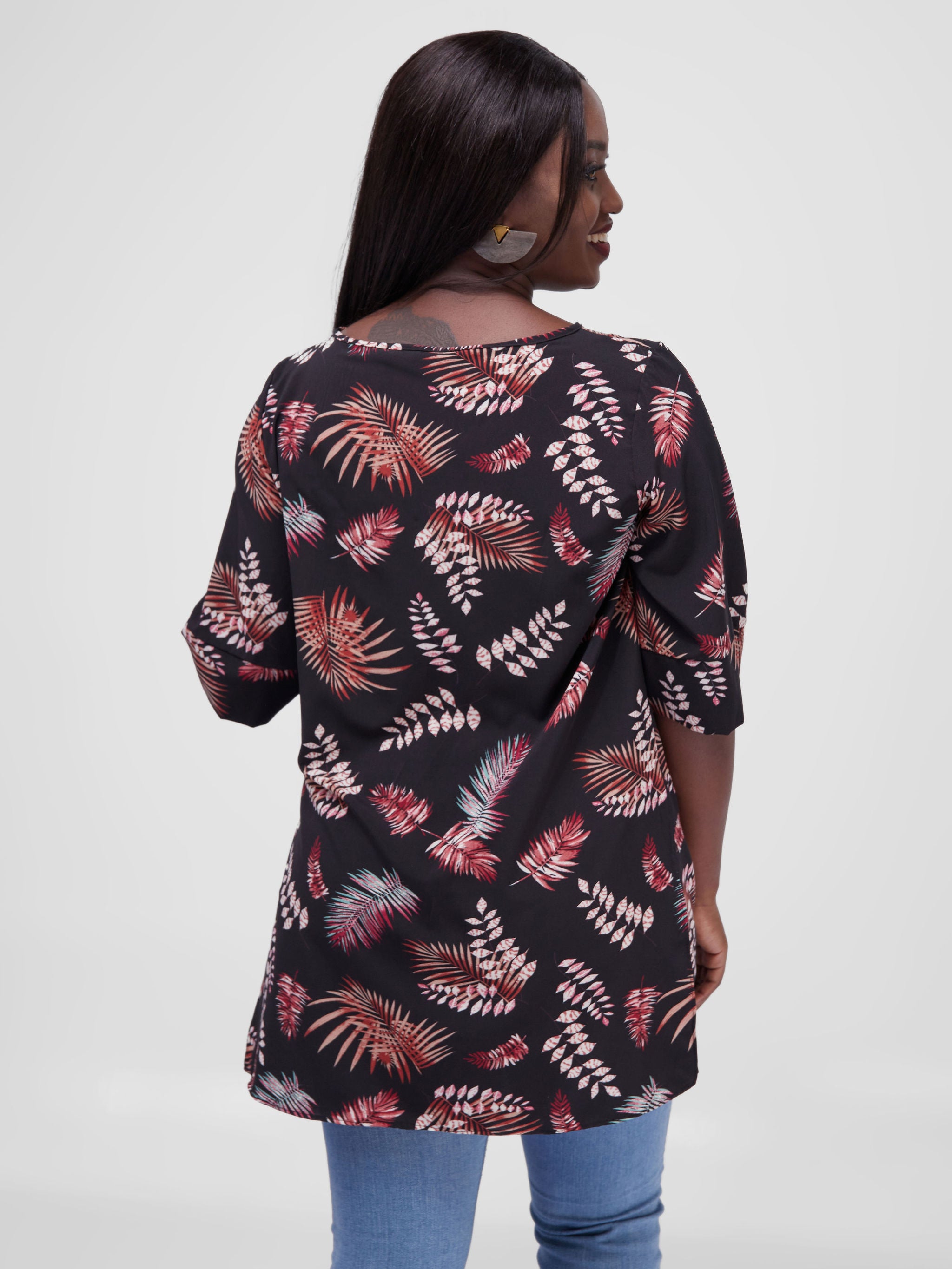 Safari Maisha Tunic Top - Black / Maroon Palm leaf Print
