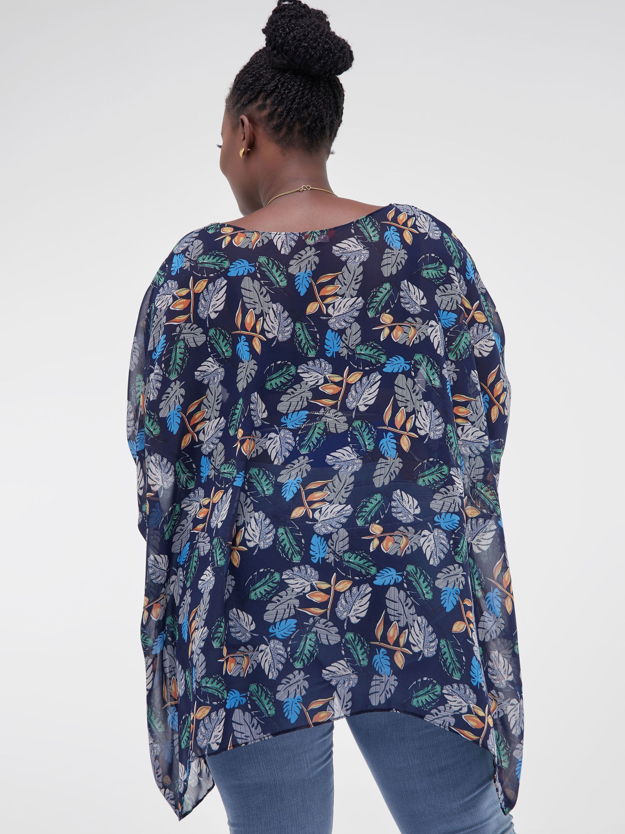 Vivo Basic Liv Chiffon Top - Navy Blue Leaf Print