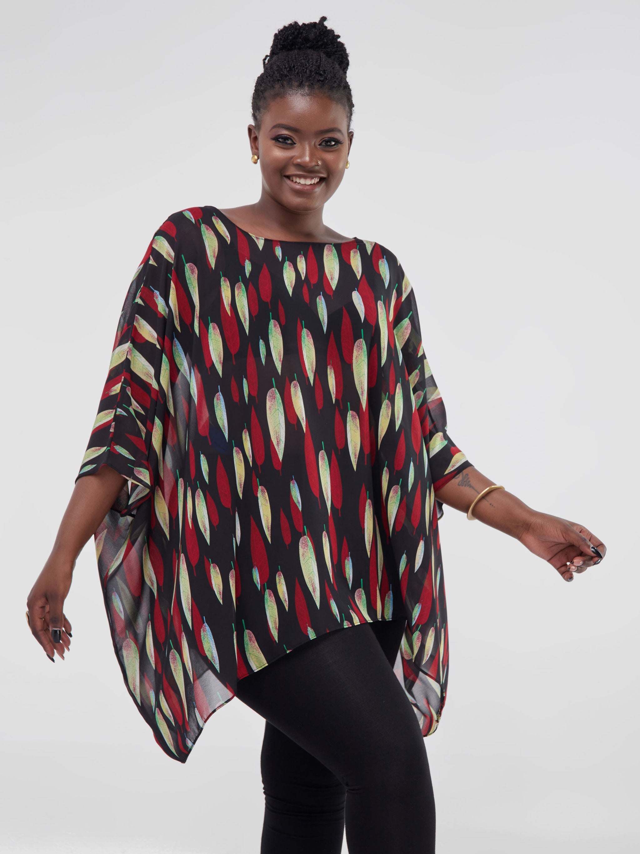 Vivo Basic Liv Chiffon Top - Black / Maroon Leaf Print