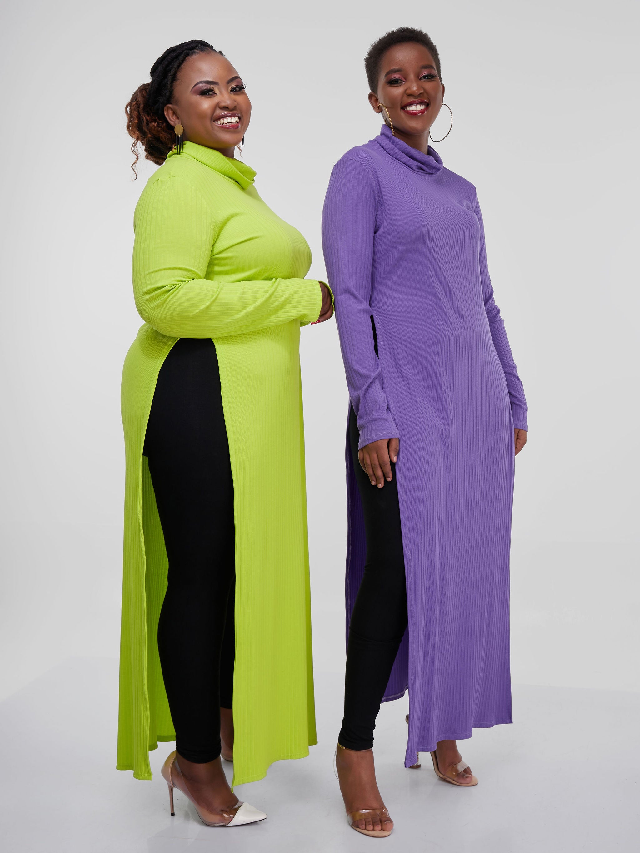 Vivo Dalia Turtle Neck Maxi Top With Side Slits - Lime Green