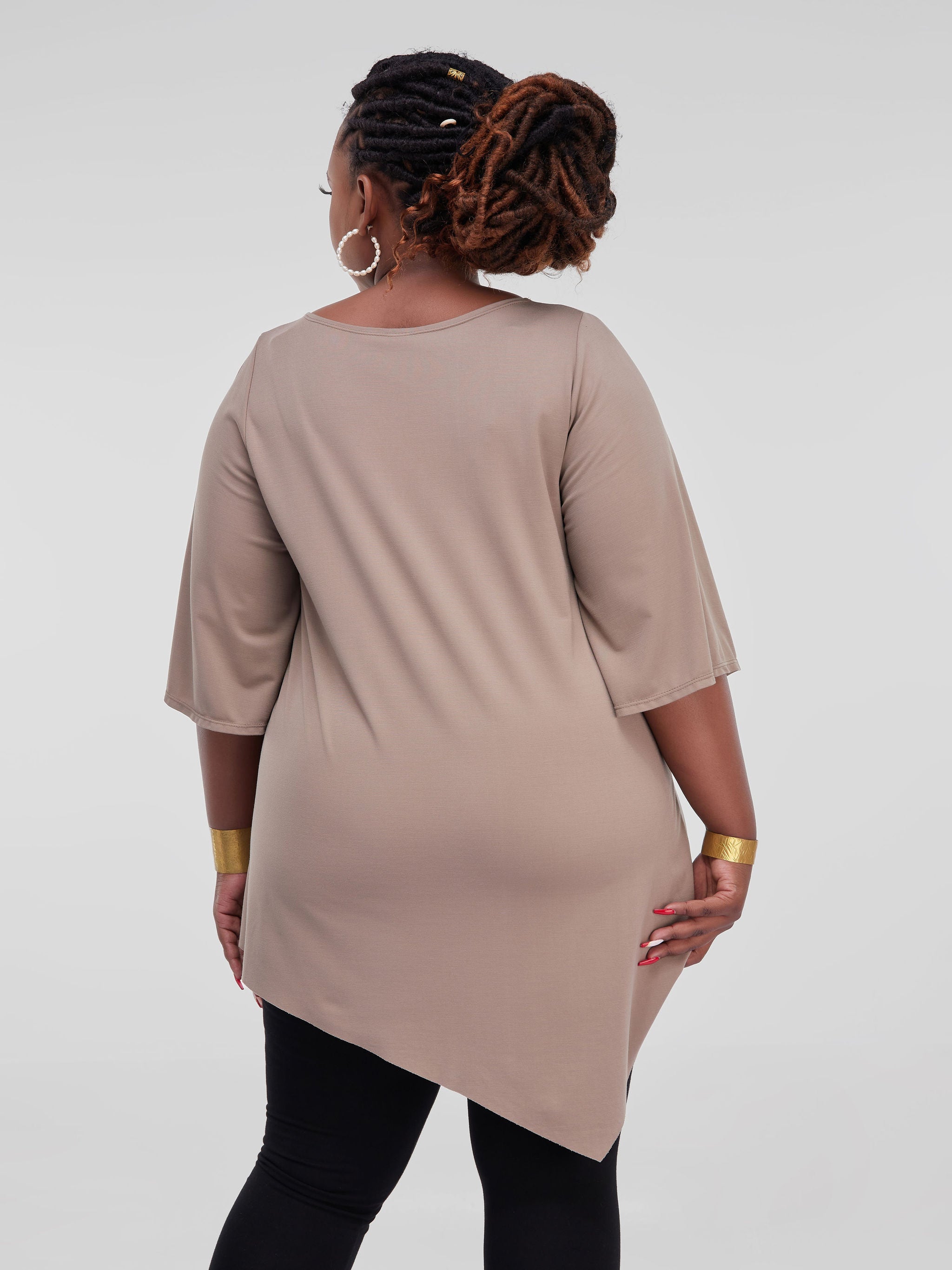 Vivo Basic Asymmetrical Angel Sleeve Top - Taupe