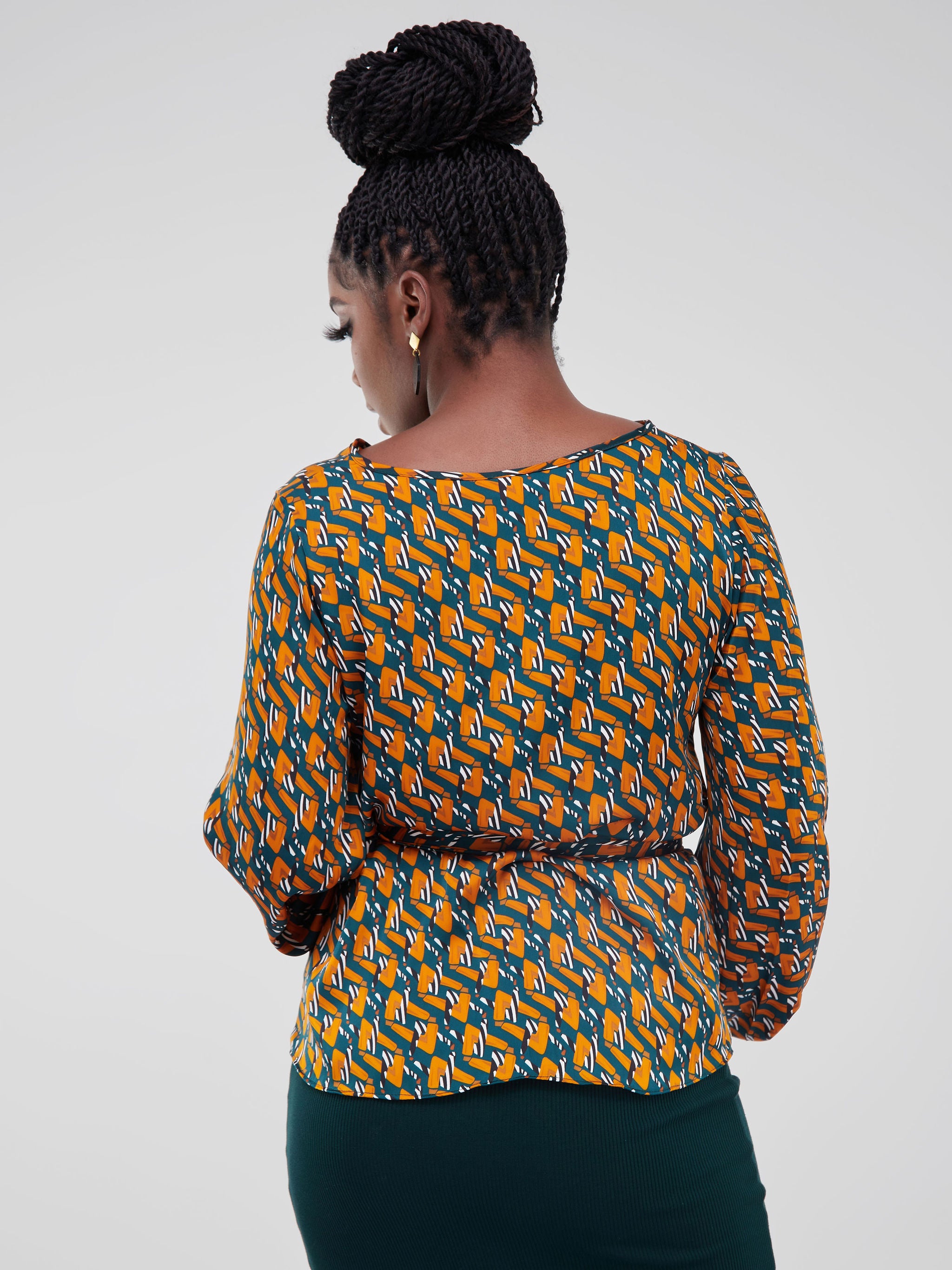 Vivo Basic Satin Bishop Sleeved Top - Teal / Mustard Geometric Print