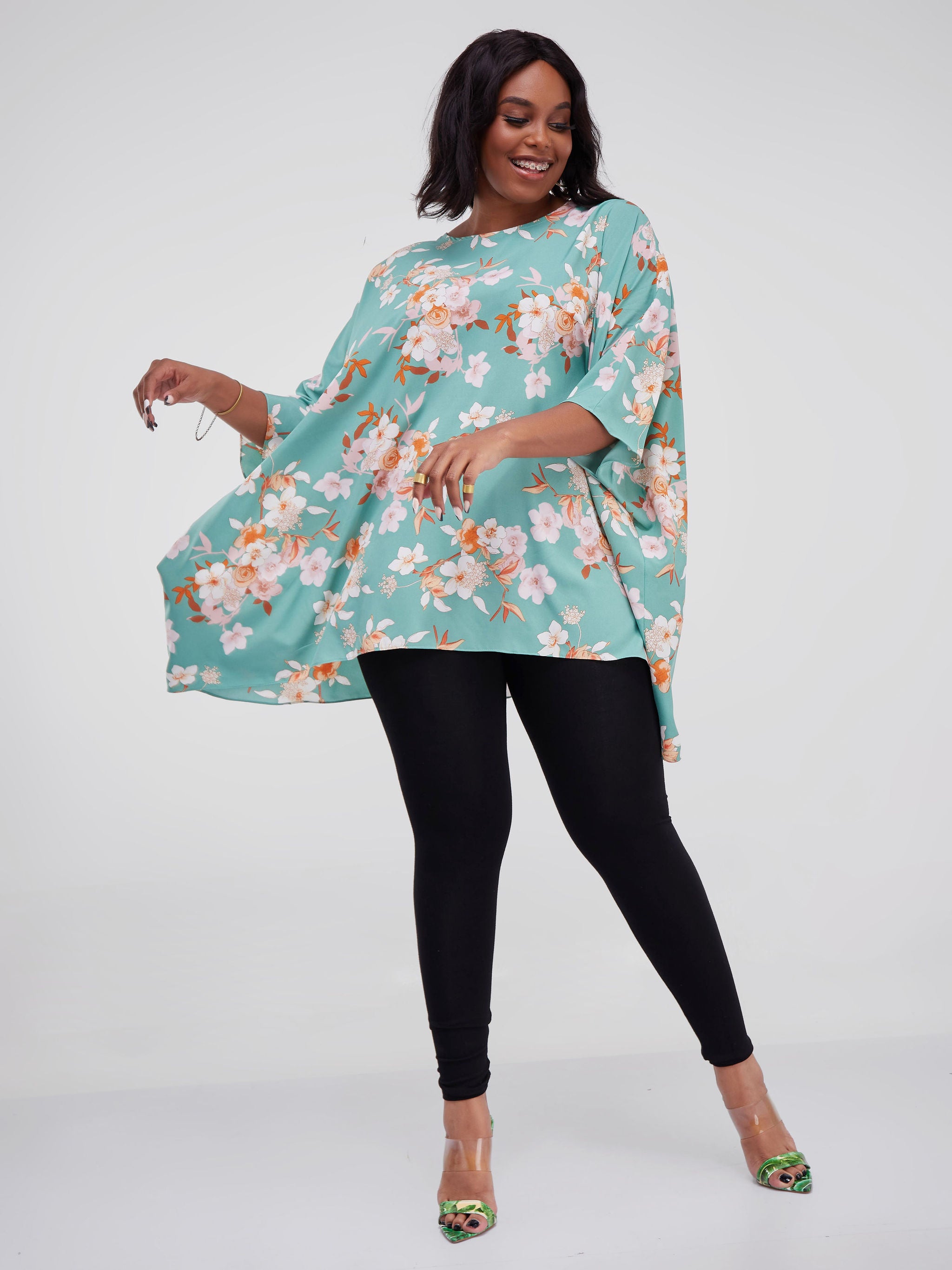 Safari Maisha Wide Loose Top - Mint Green / Orange Floral Print