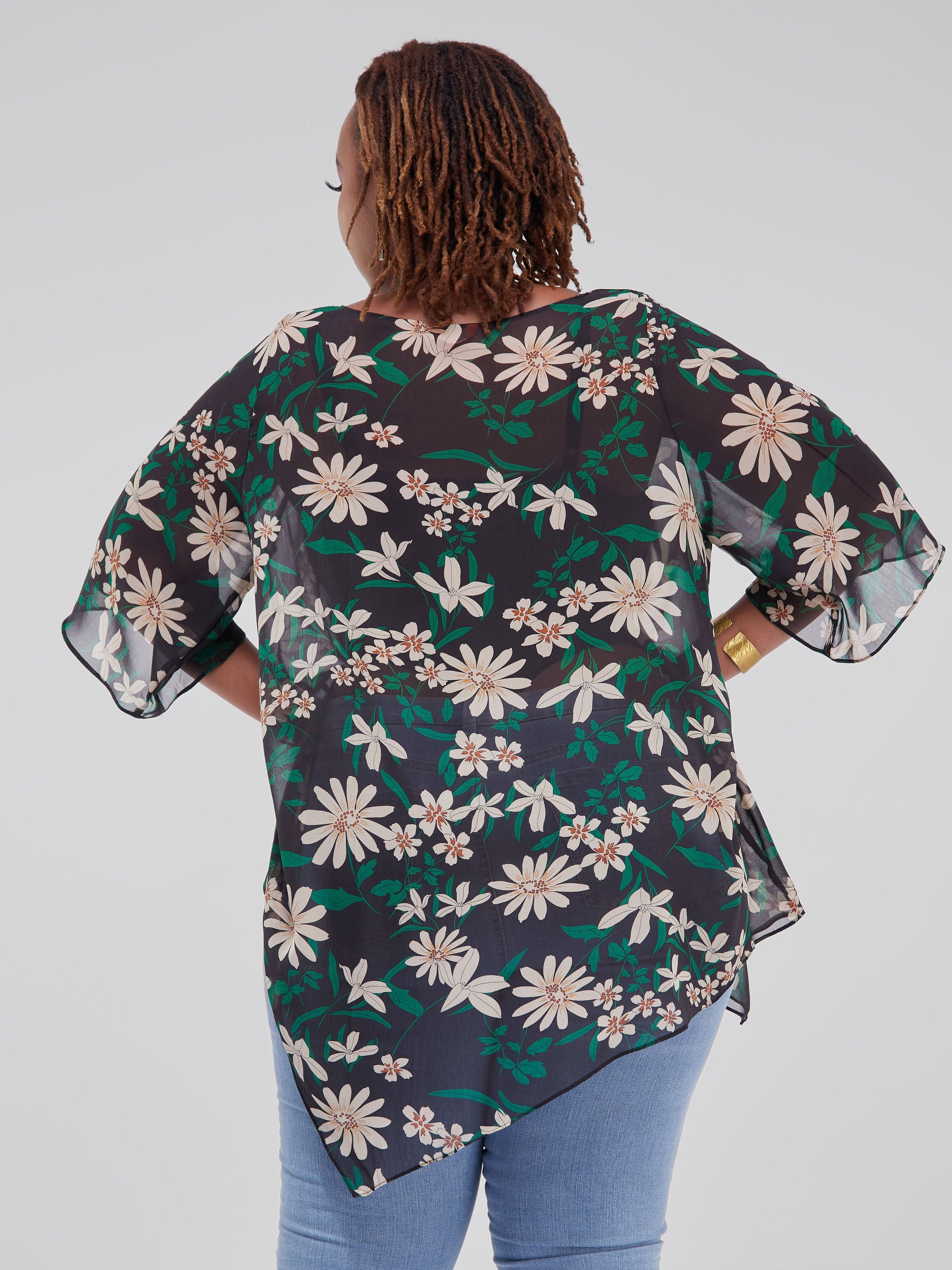 Vivo Sana Asymmetrical Angel Sleeve Top -  Black Abstract Floral Print