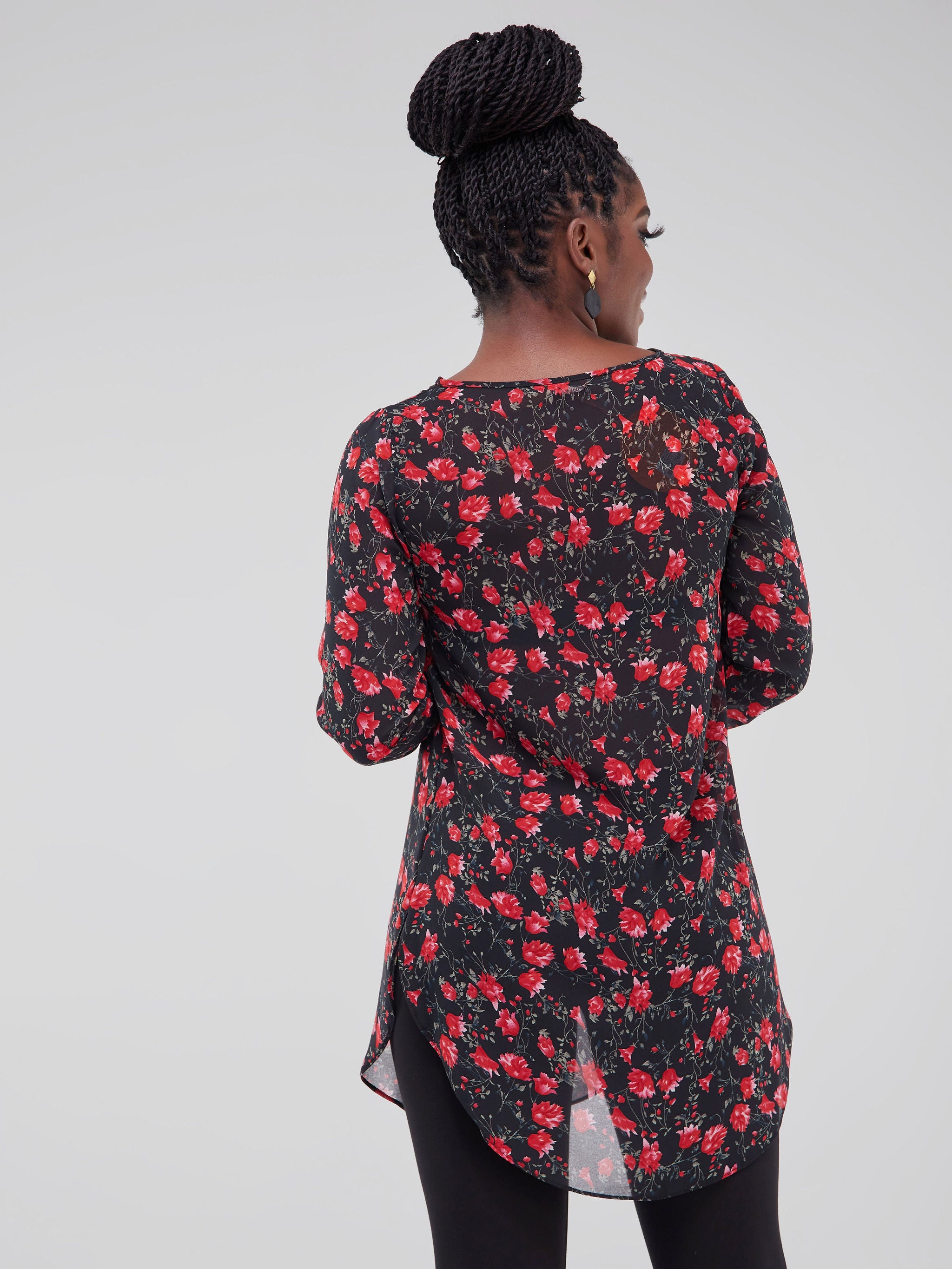 Vivo Basic Tsavo Scalloped Chiffon Top - Black Roses Print