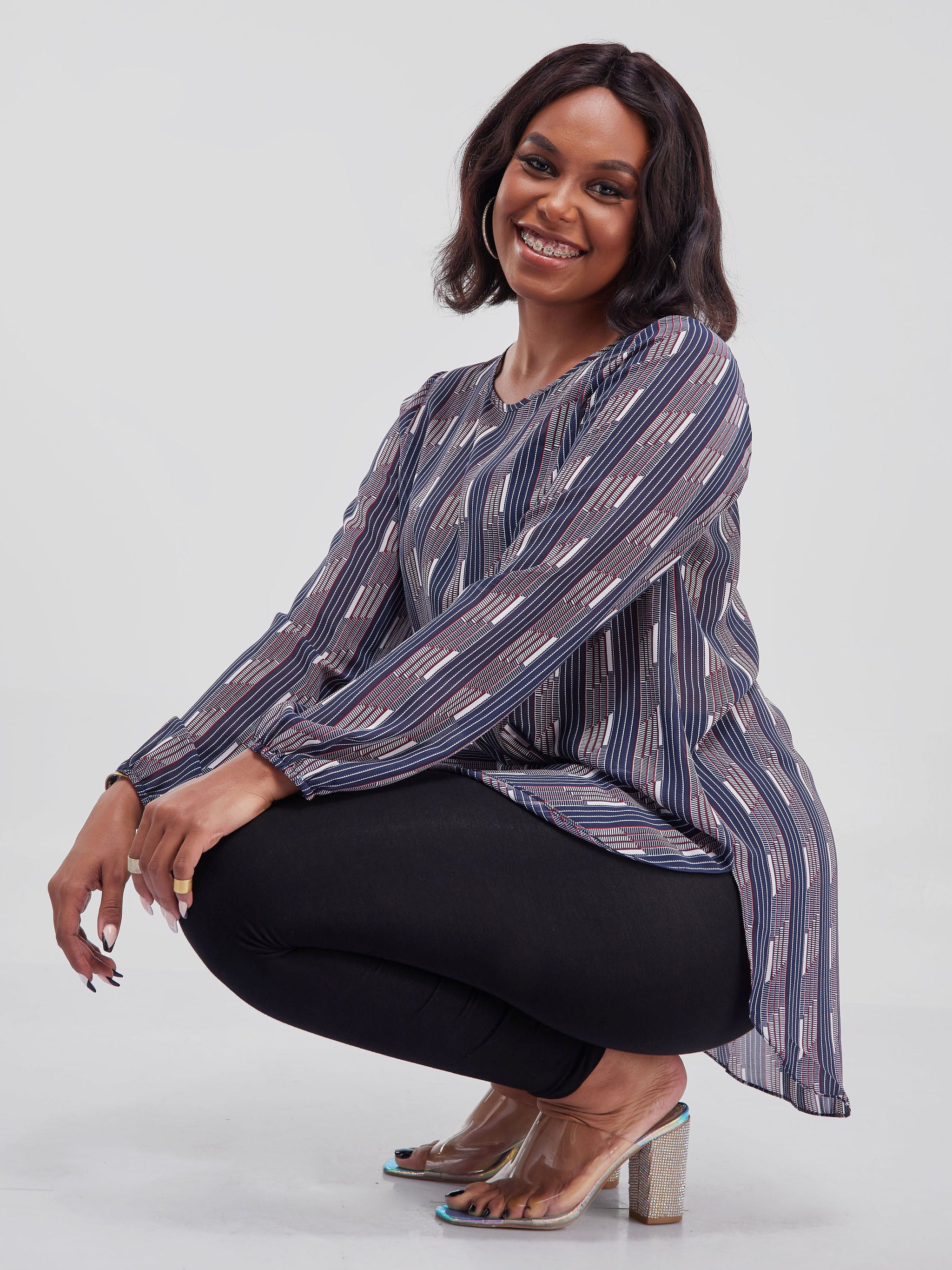 Vivo Basic Tsavo Scalloped Chiffon Top - Navy Blue Geometric Print