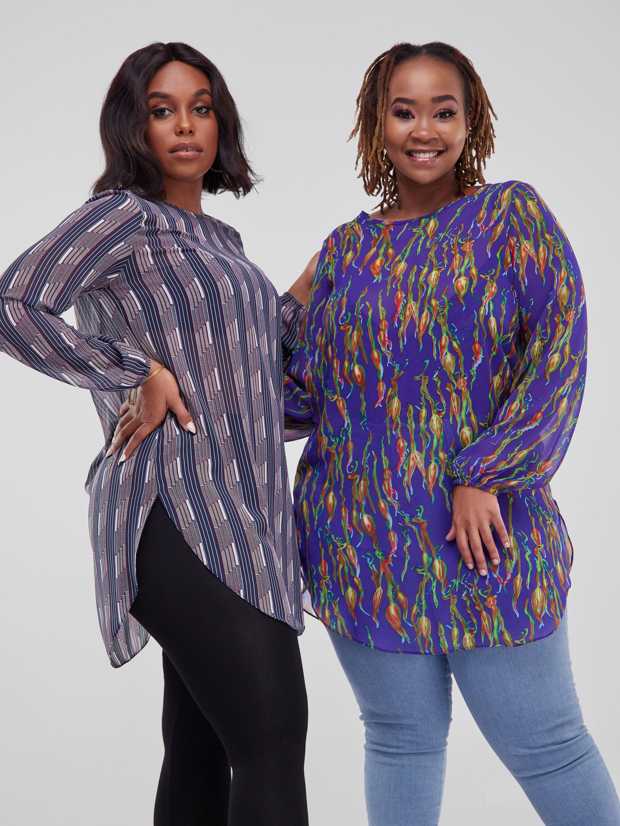 Vivo Basic Tsavo Scalloped Chiffon Top - Navy Blue Geometric Print