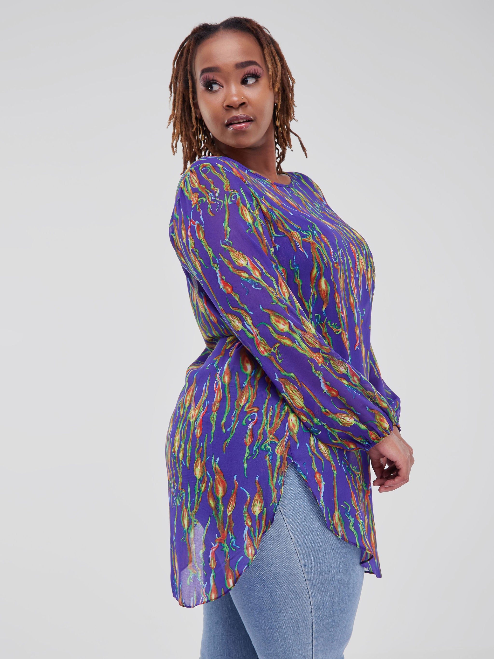 Vivo Basic Tsavo Scalloped Chiffon Top - Purple / Green Print