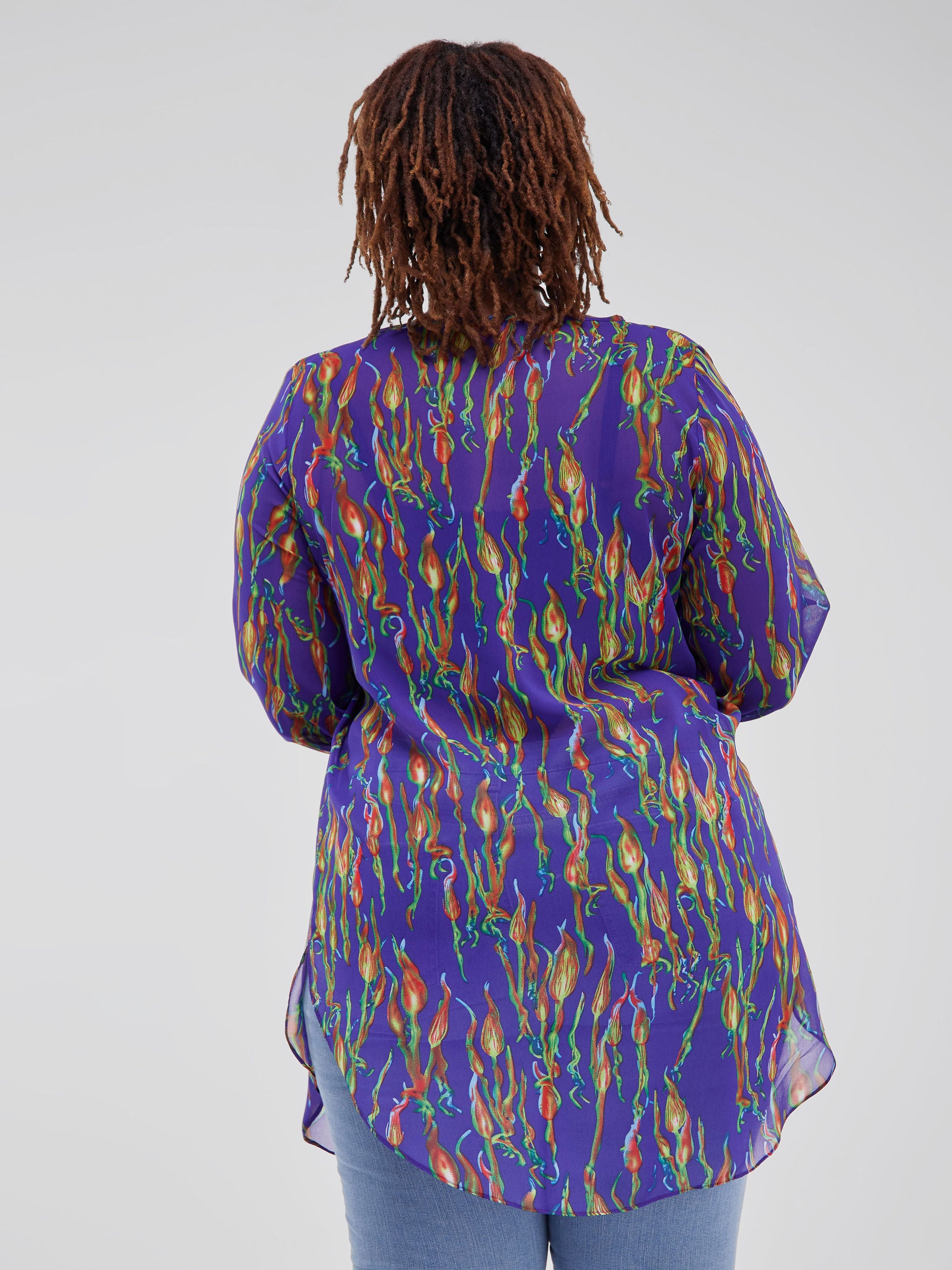 Vivo Basic Tsavo Scalloped Chiffon Top - Purple / Green Print