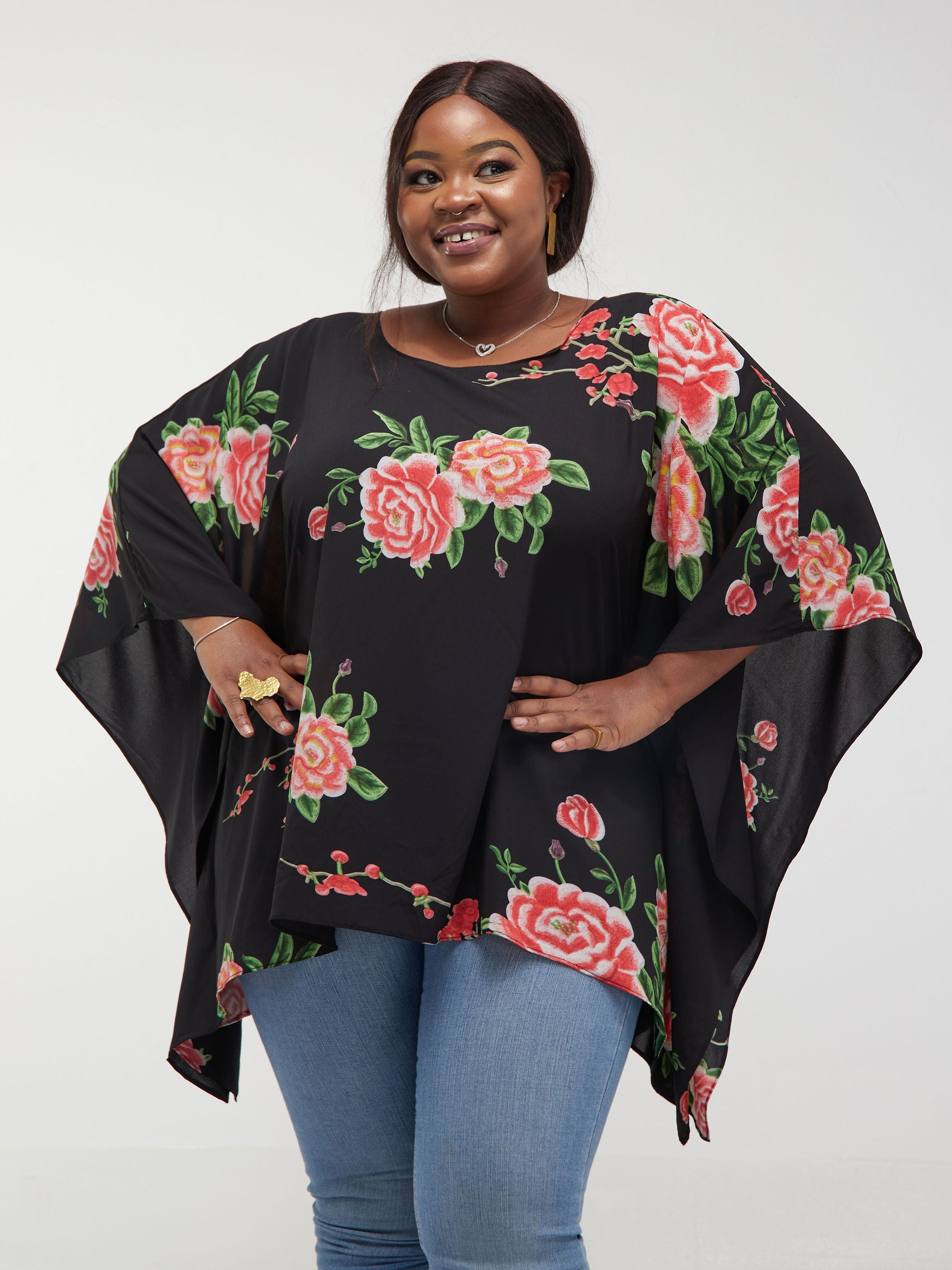 Safari Maisha Kaftan Top - Black / Red Rose Flower Print