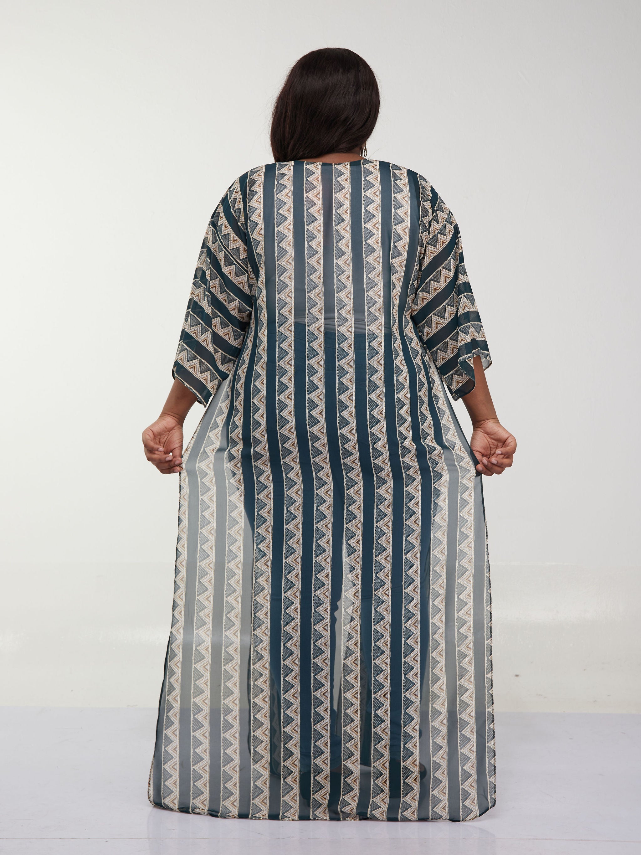 Vivo Basic Nandi High Slit Kimono - Dark Green / Brown Geometric Print