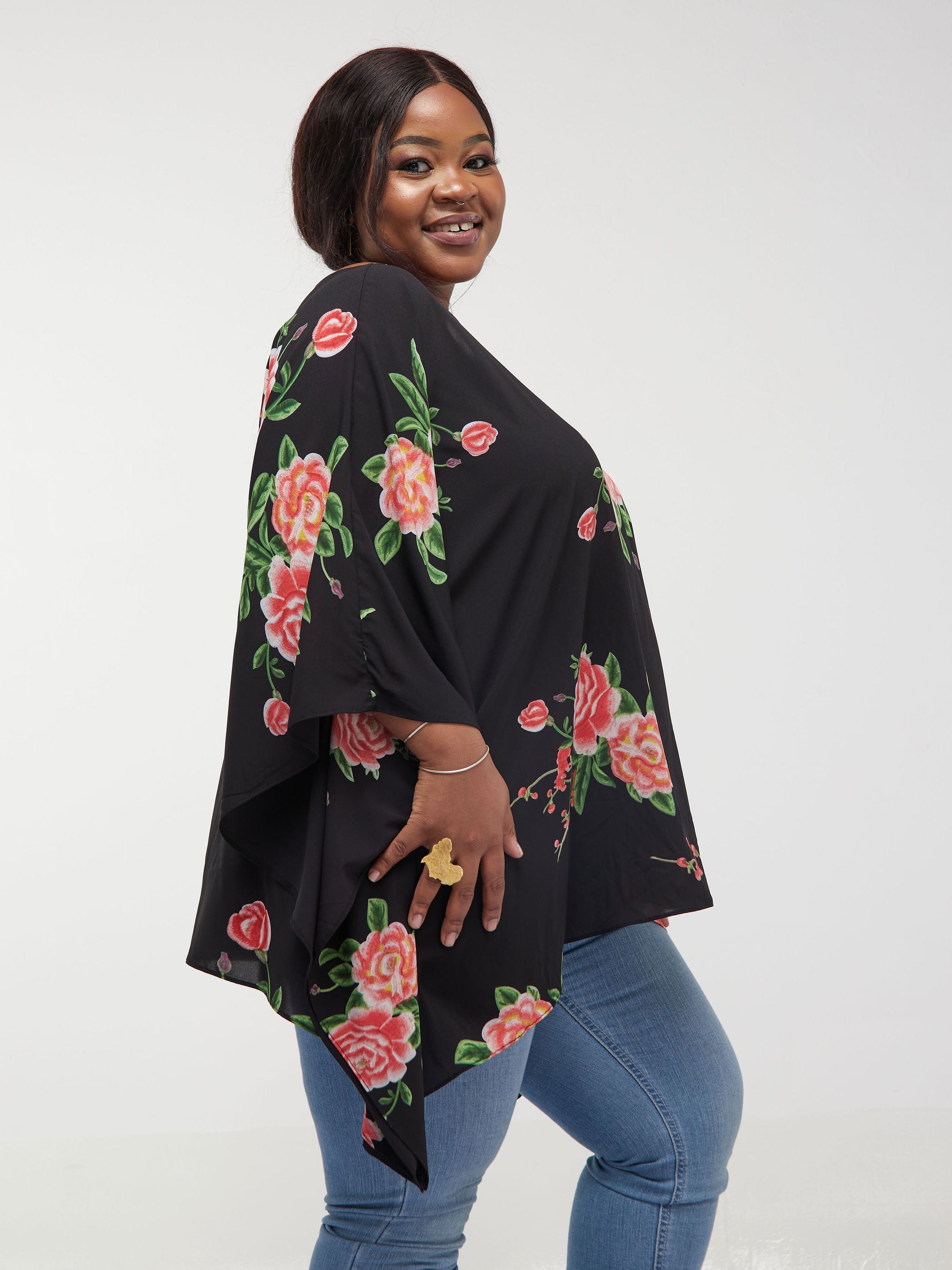 Safari Maisha Kaftan Top - Black / Red Rose Flower Print
