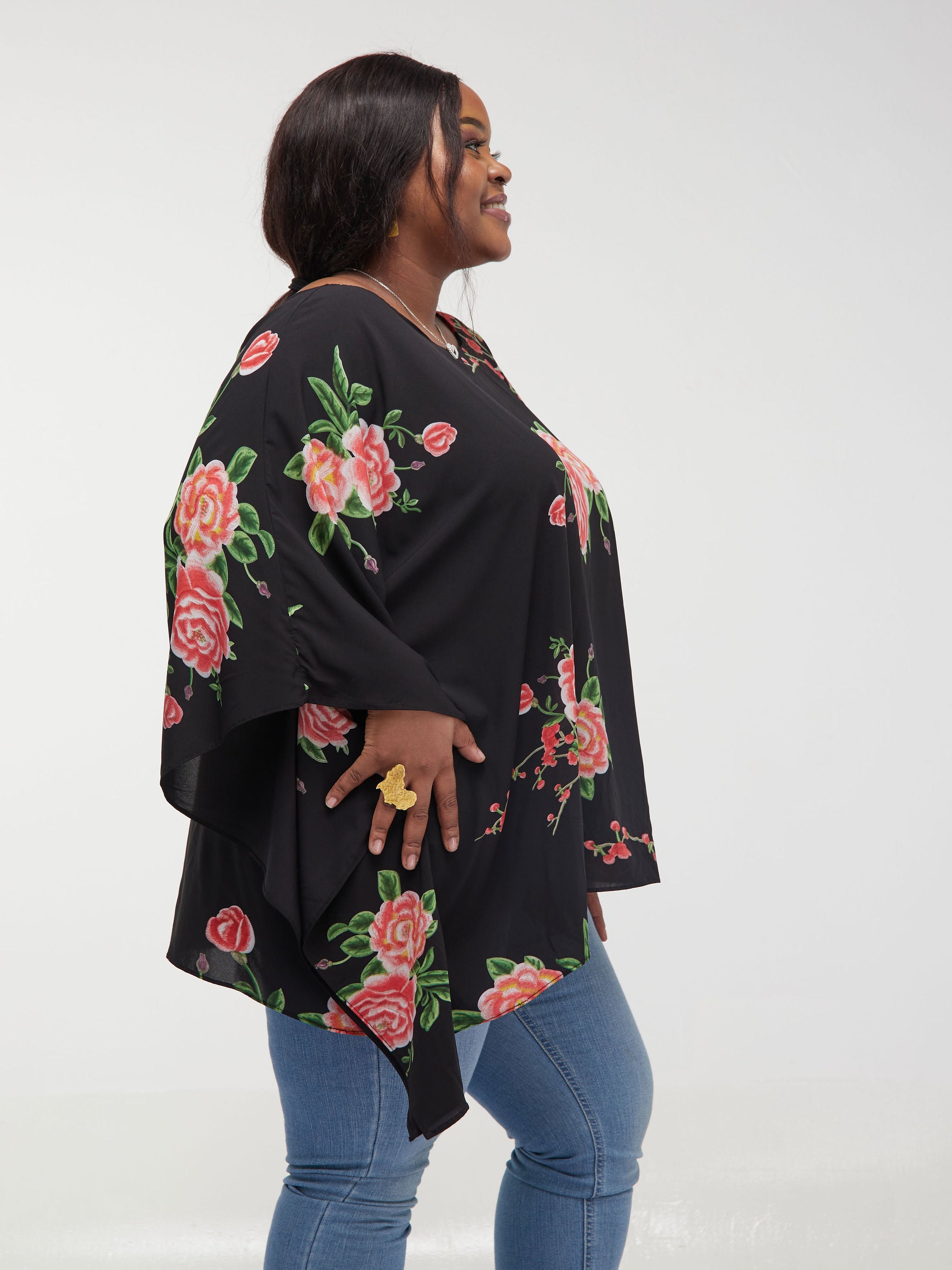 Safari Maisha Kaftan Top - Black / Red Rose Flower Print