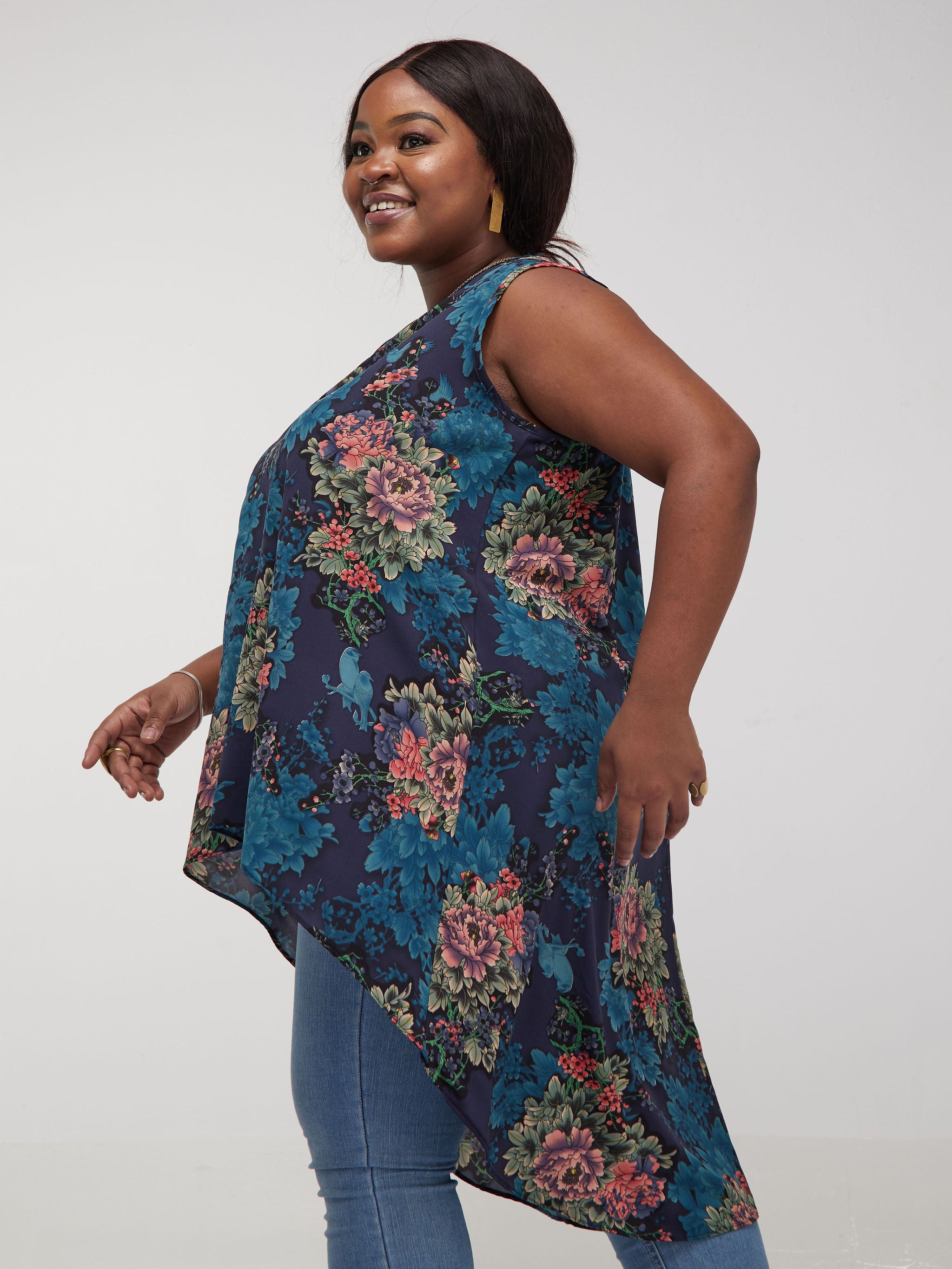 Safari Maisha Sleeveless Hi Low Top - Teal / Pink Floral Print