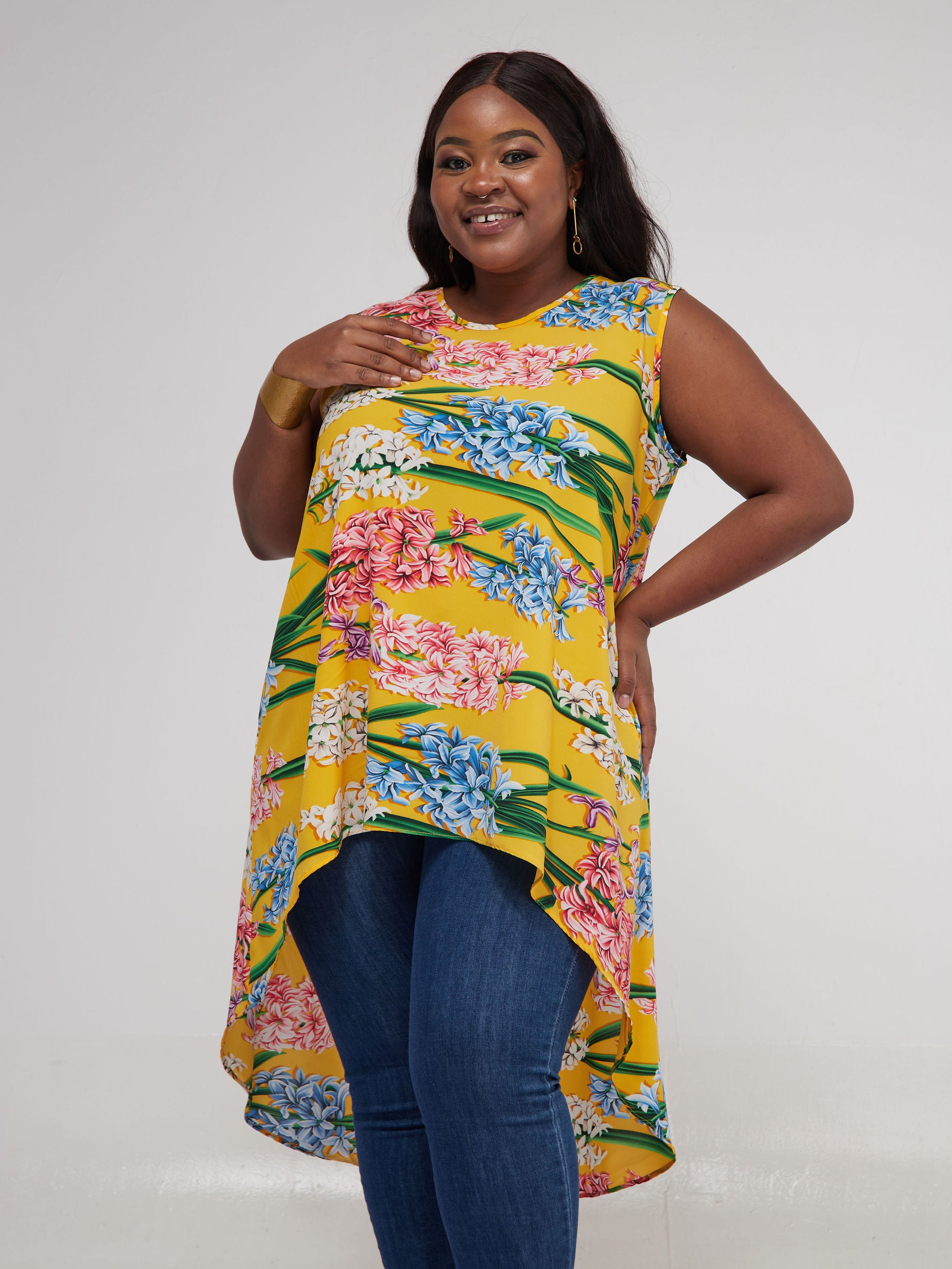 Safari Maisha Sleeveless Hi Low Top - Mustard / Pink Floral Print