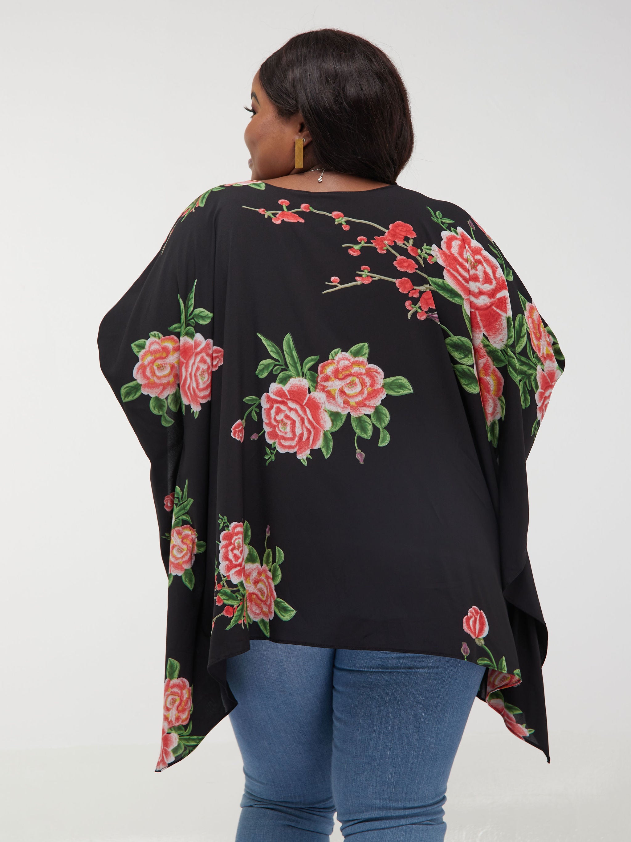 Safari Maisha Kaftan Top - Black / Red Rose Flower Print