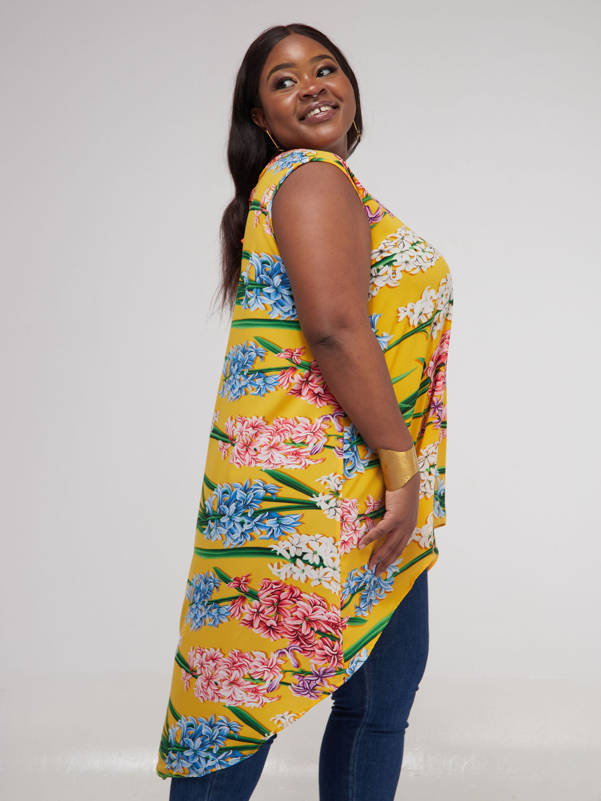 Safari Maisha Sleeveless Hi Low Top - Mustard Floral Print