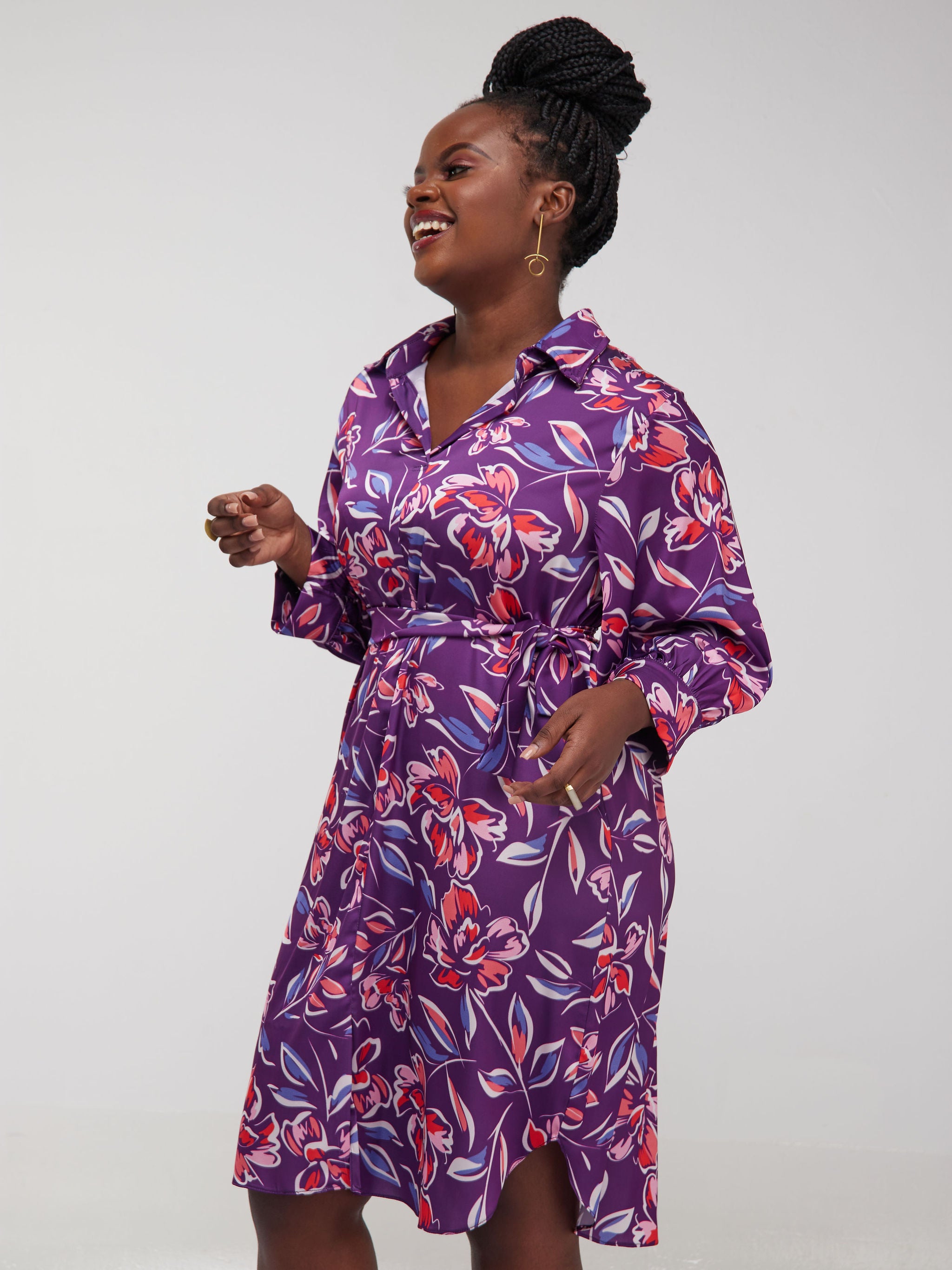 Vivo Thando 3/4 Bishop Sleeve Shirt Dress- Pink / Purple Floral Print