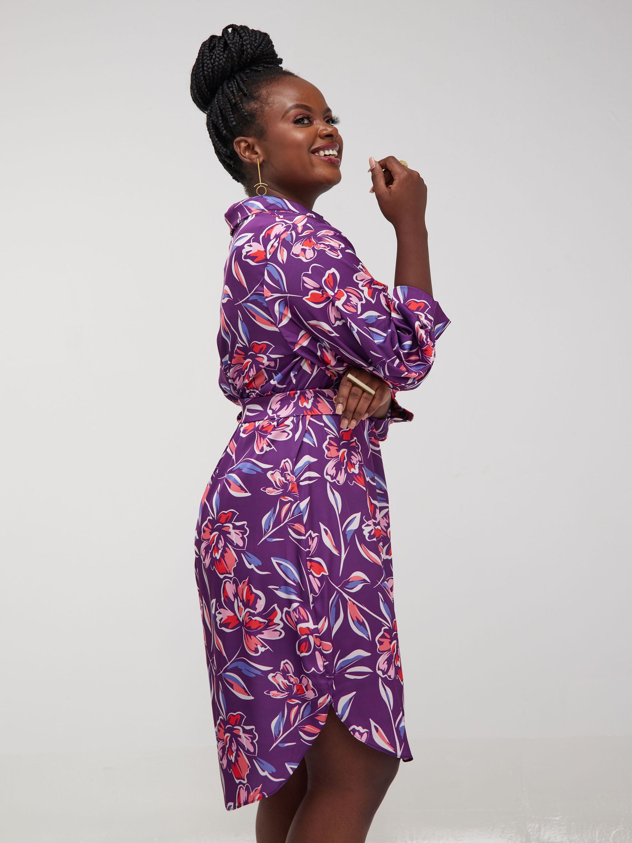 Vivo Thando 3/4 Bishop Sleeve Shirt Dress- Pink / Purple Floral Print