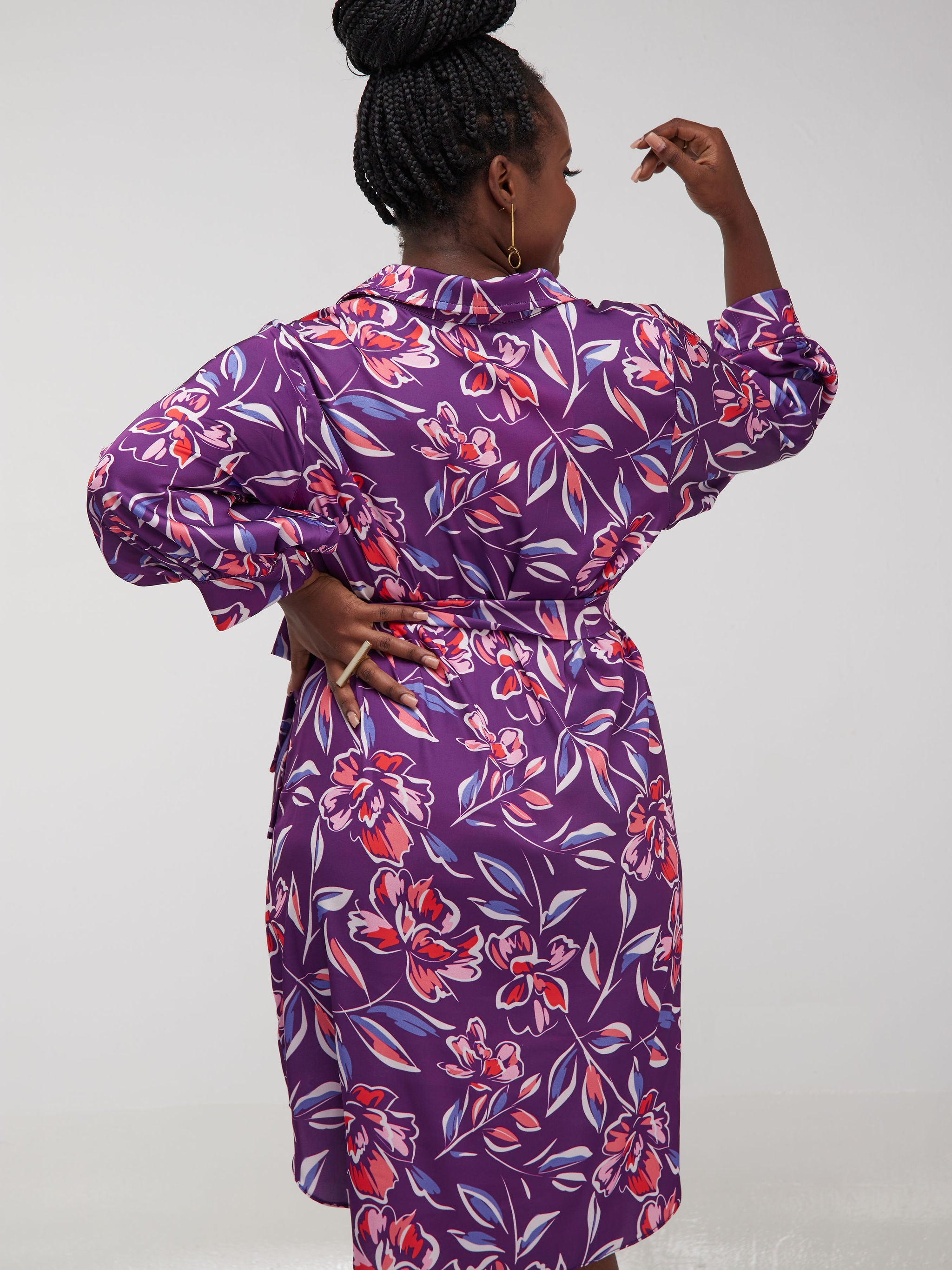 Vivo Thando 3/4 Bishop Sleeve Shirt Dress- Pink / Purple Floral Print