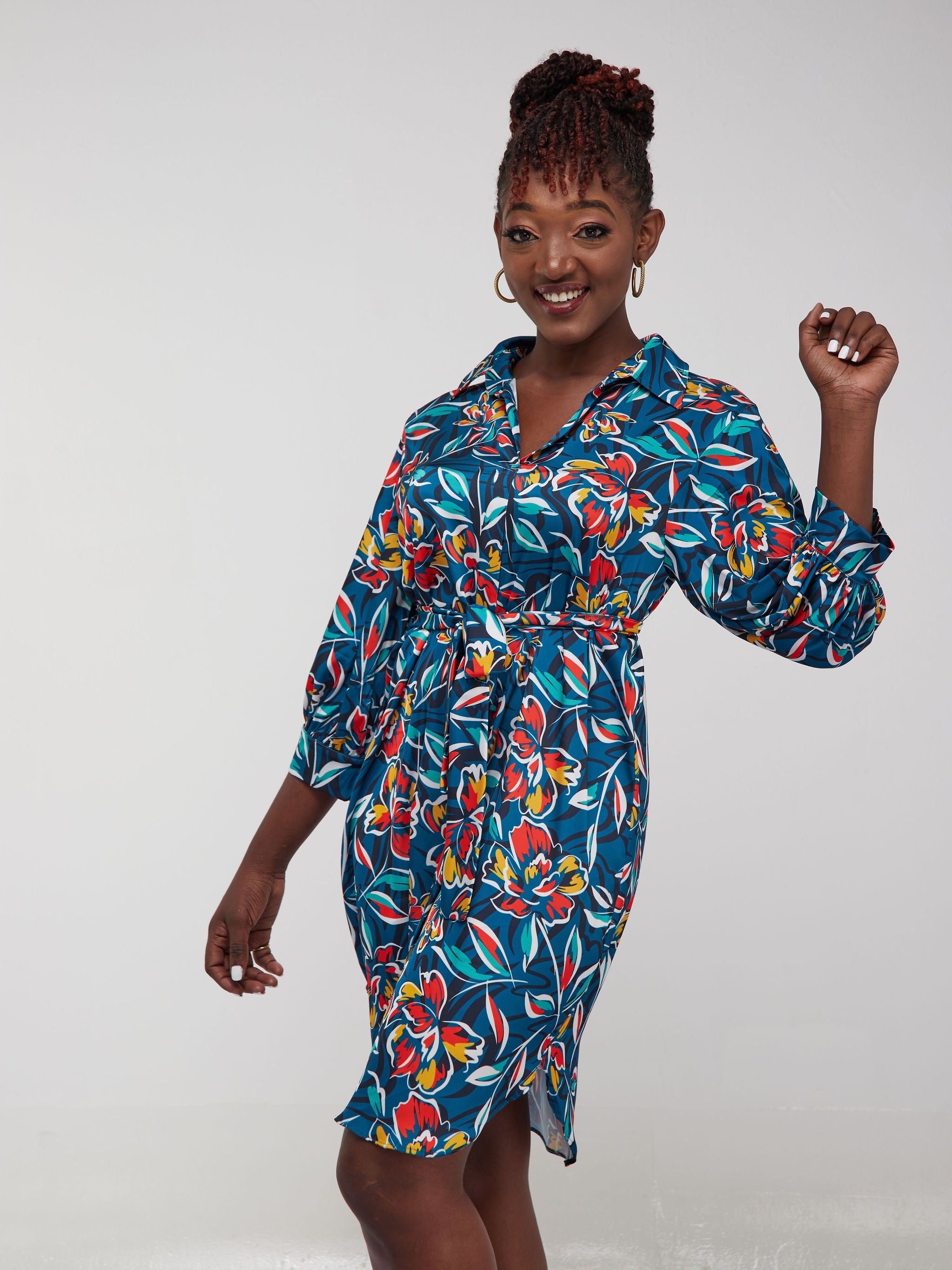 Vivo Thando 3/4 Bishop Sleeve Shirt Dress- Teal / Orange Floral Print