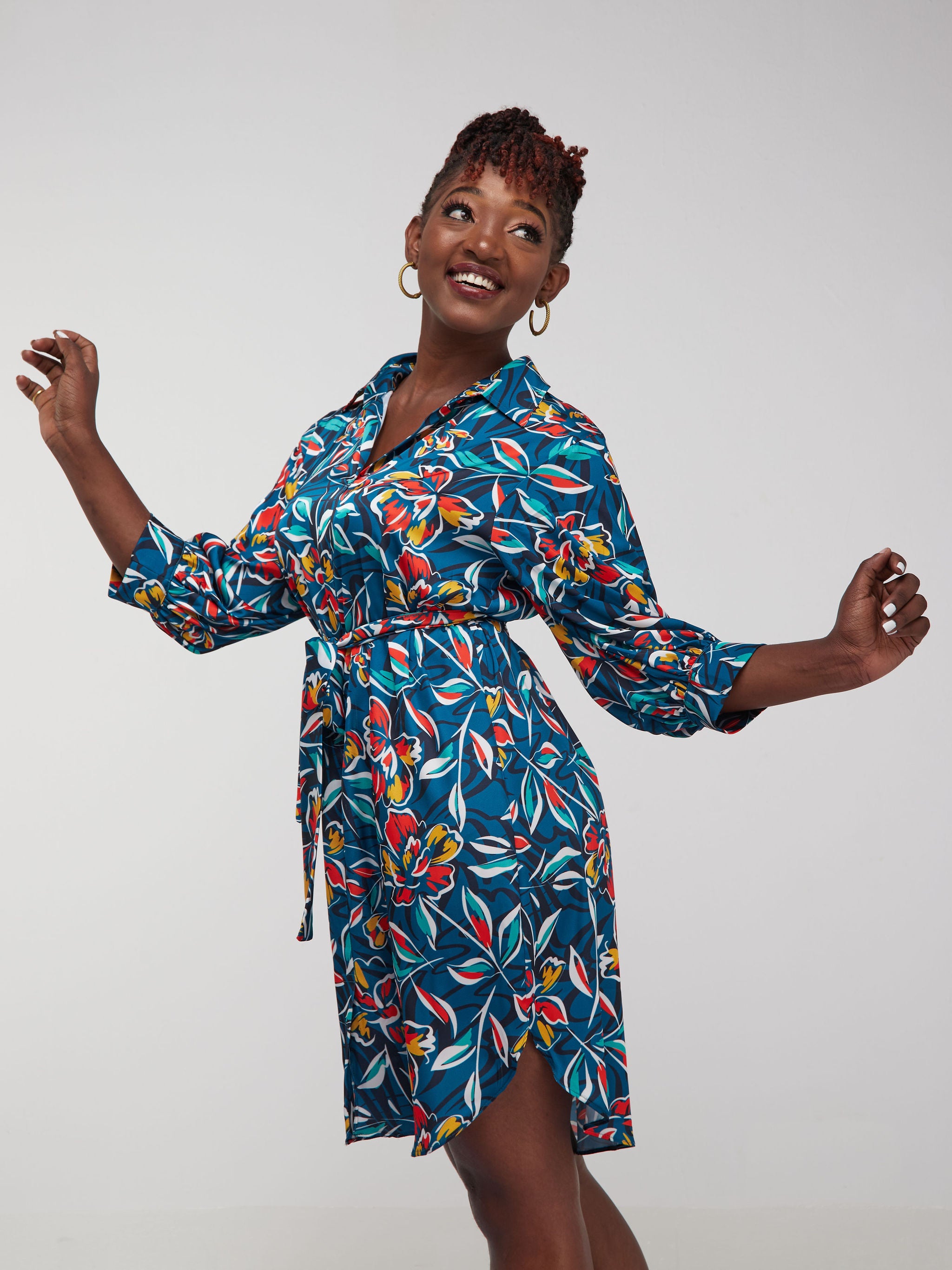 Vivo Thando 3/4 Bishop Sleeve Shirt Dress- Teal / Orange Floral Print