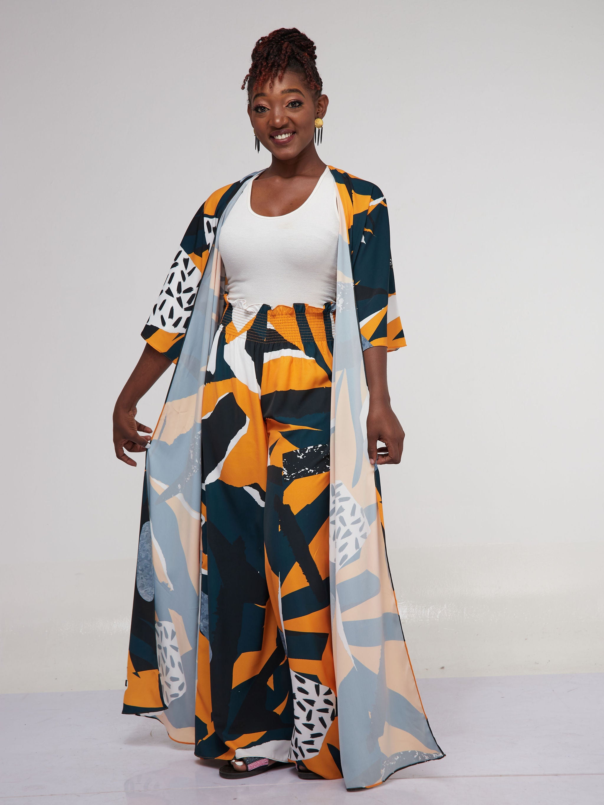 Vivo Alek 3/4 Sleeve A-Line Maxi Kimono - Dark Teal / Mustard Print