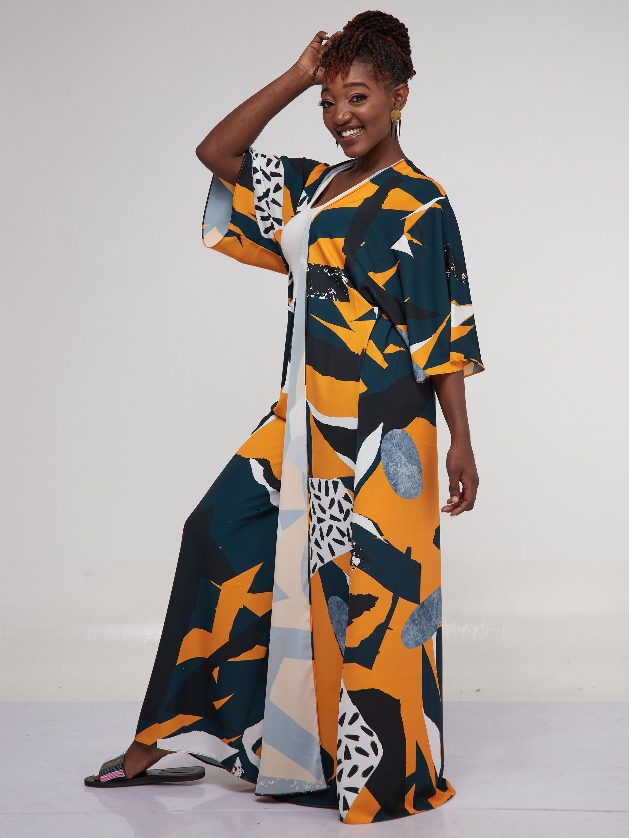 Vivo Alek 3/4 Sleeve A-Line Maxi Kimono - Dark Teal / Mustard Print