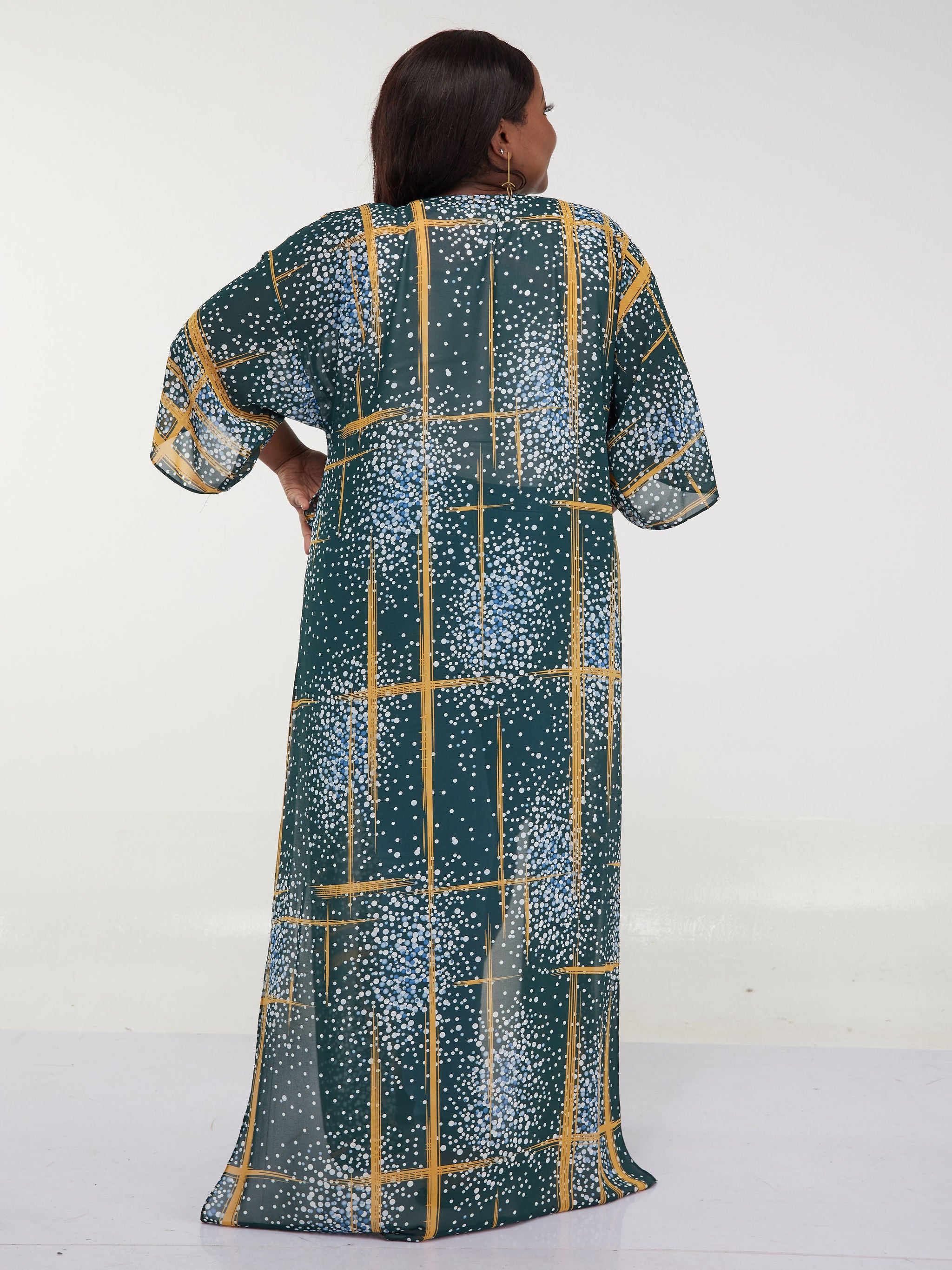 Vivo Basic Nandi High Slit Kimono - Dark Green / Blue Print