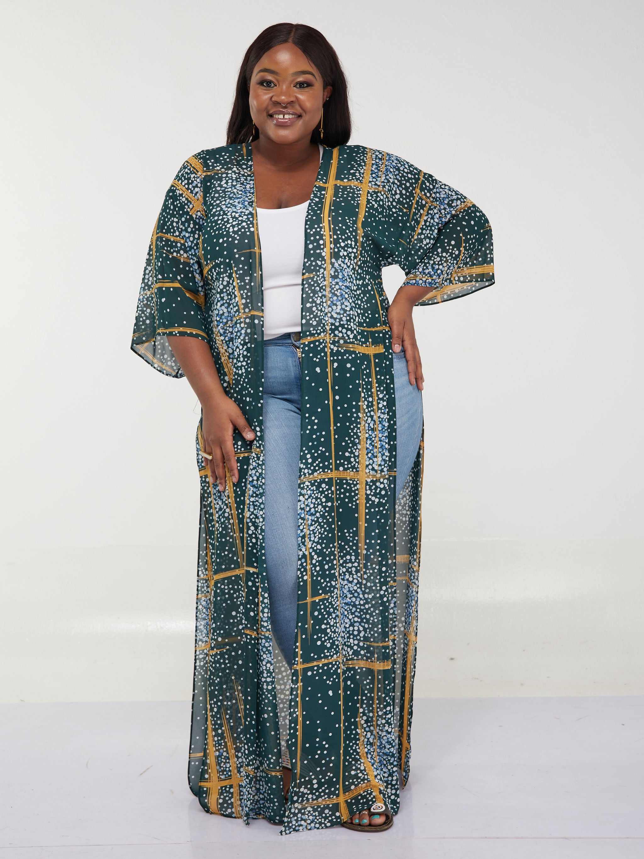 Vivo Basic Nandi High Slit Kimono - Dark Green / Blue Print