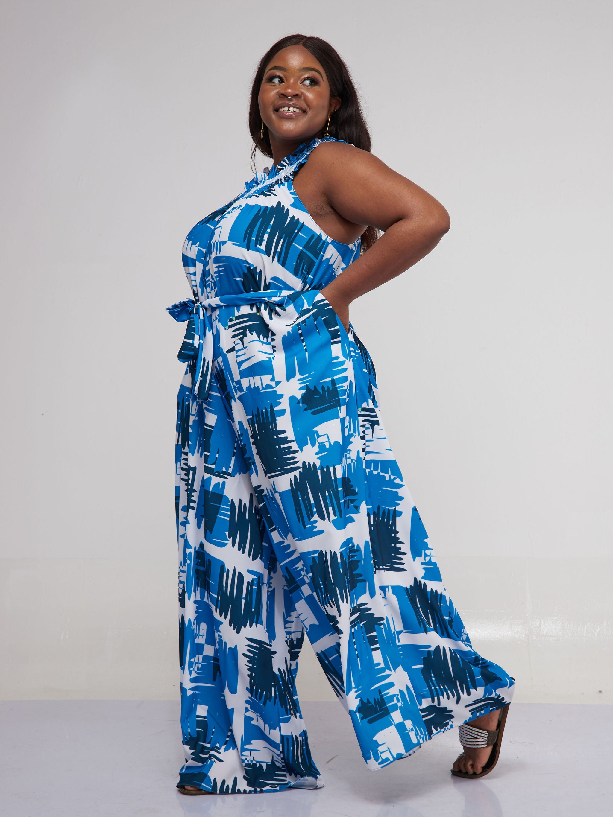 Vivo Alek Shirred Off- Shoulder Jumpsuit - Navy Blue Abstract Print