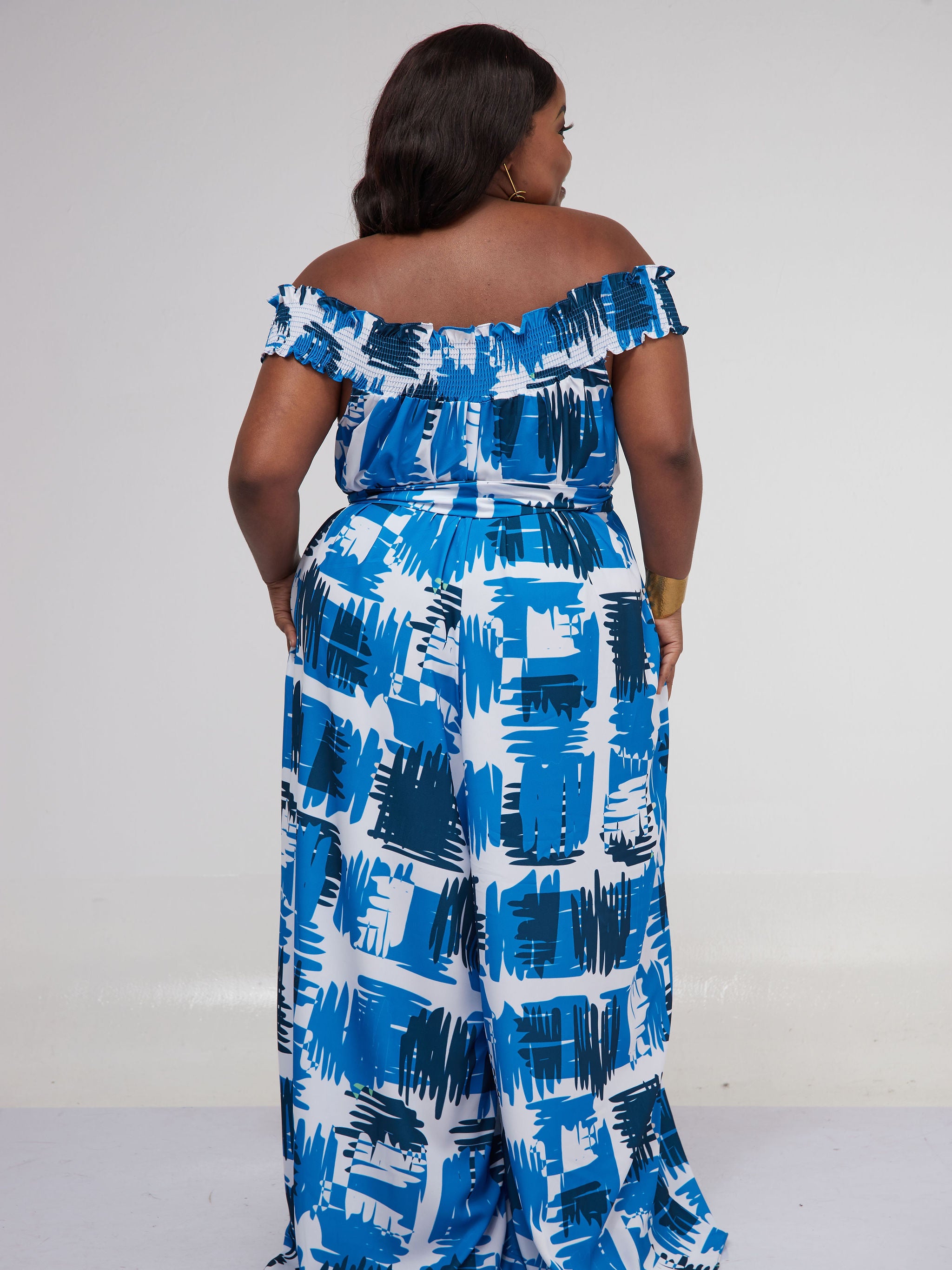 Vivo Alek Shirred Off- Shoulder Jumpsuit - Navy Blue Abstract Print