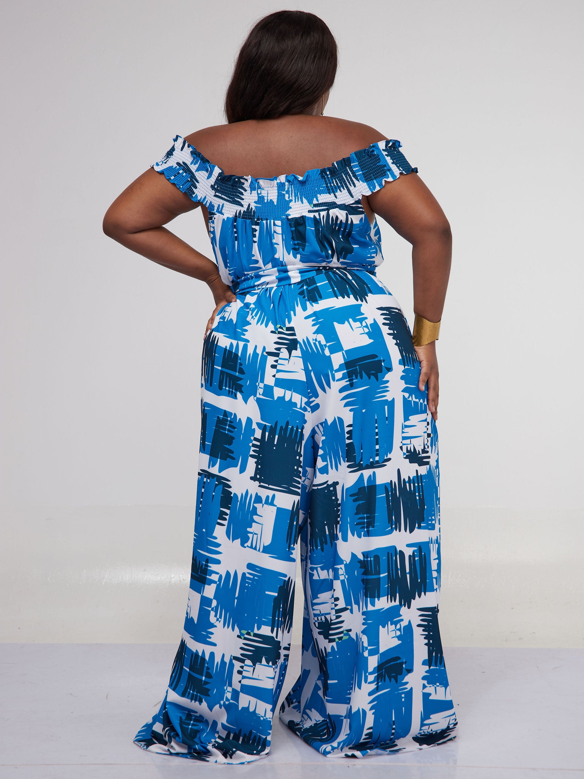 Vivo Alek Shirred Off- Shoulder Jumpsuit - Navy Blue Abstract Print