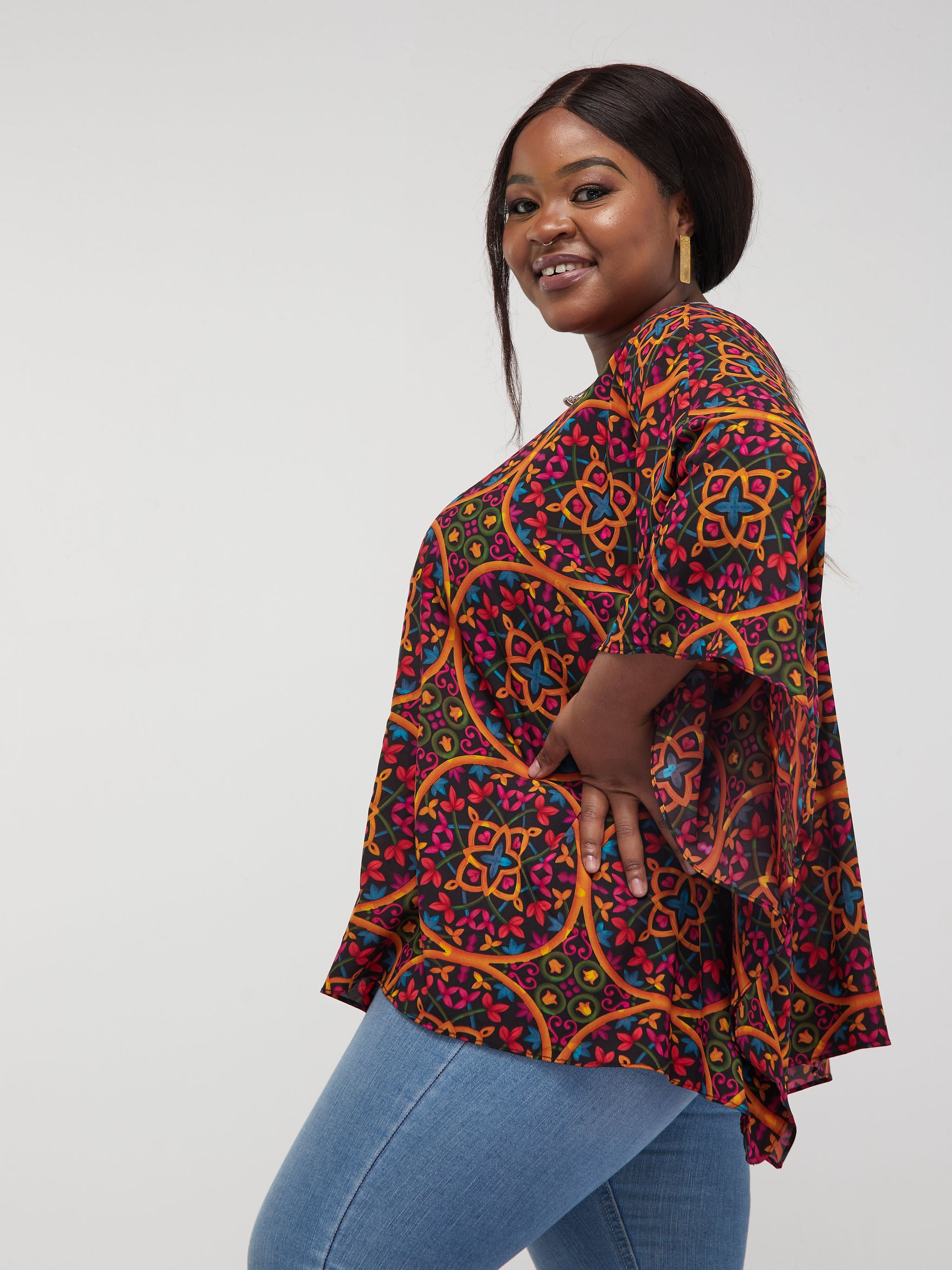 Safari Maisha Kaftan Top - Pink / Mustard Floral Print